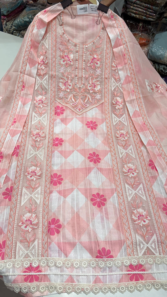 Luxury Pure South Cotton Unstitched Suit with Thread & Mirror Embroidery | Designer Cotton Dress Material with Mul Mul Dupatta