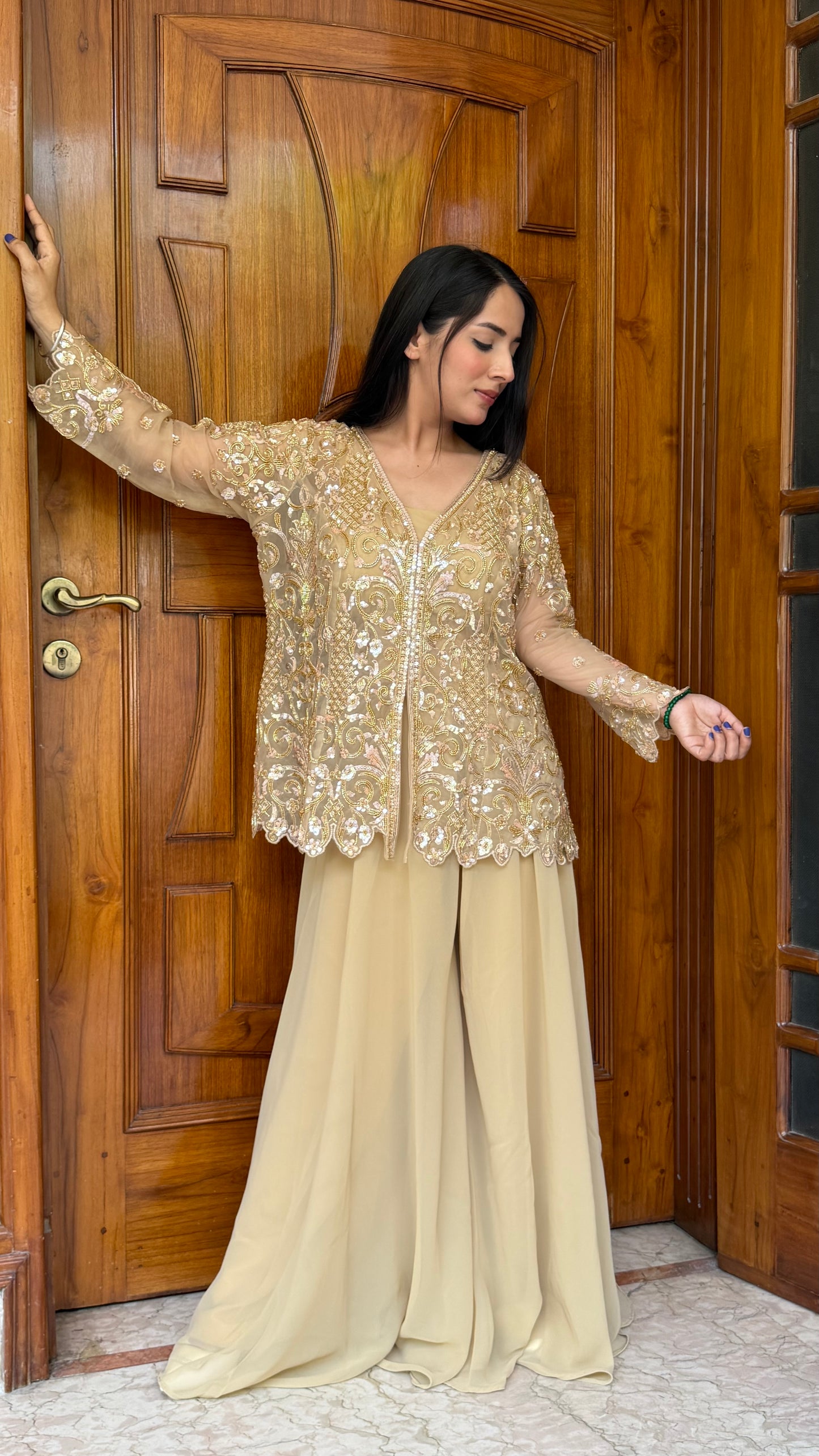 Designer Indo-Western Sharara Set with Embroidered Net Jacket | Pure Georgette Sharara Suit | Cocktail Party Wear | Readymade Free Size Up to 42 Bust