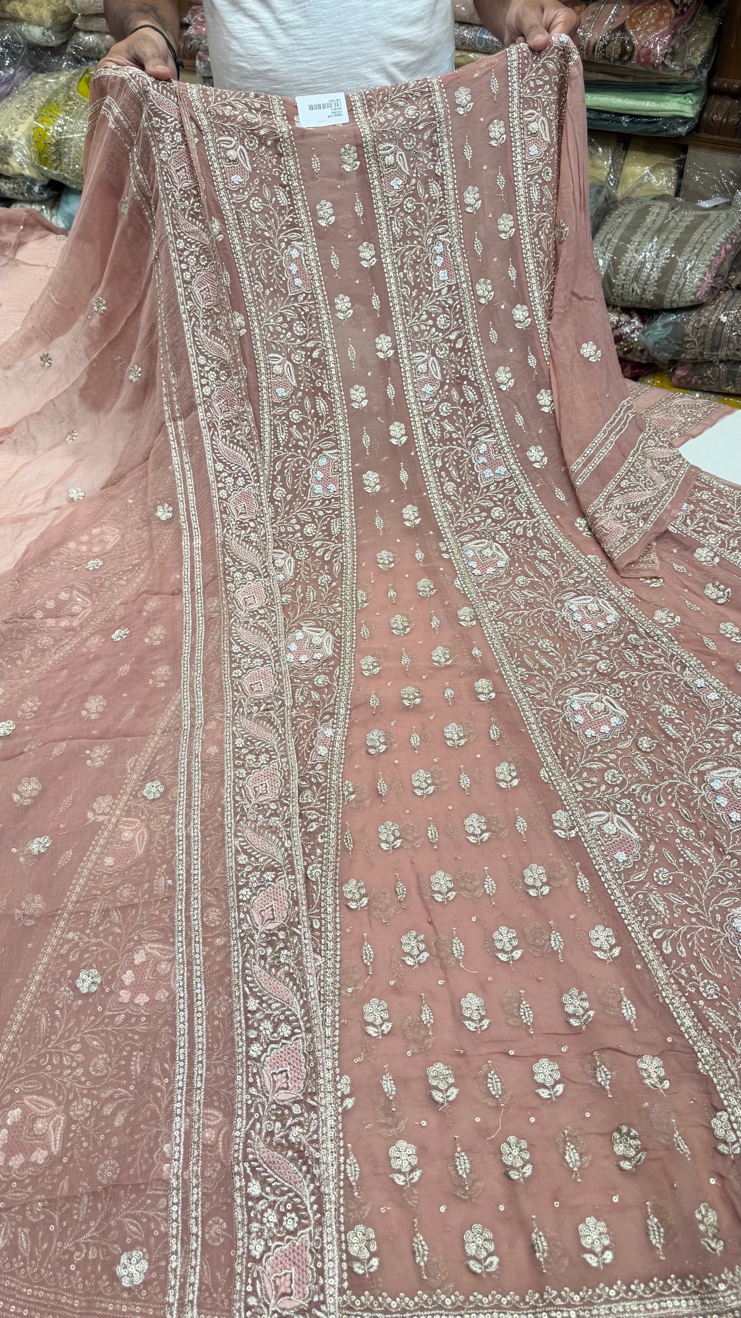 Luxury Unstitched Pure Georgette Zari Lakhnavi Anarkali Suit with Resham, Sequin & Pearl Handwork | Designer Wedding & Party Wear Suit