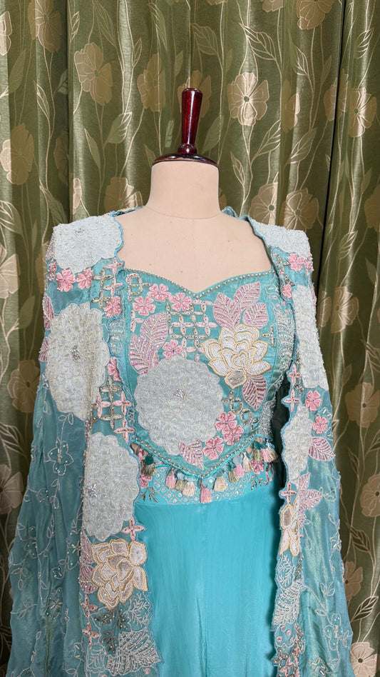 Aqua Blue Indo-Western 3-Piece Ensemble with Hand-Embroidered Blouse & Sharara in Pure Crepe and Heavy Pure Tissue Kaftan Shrug