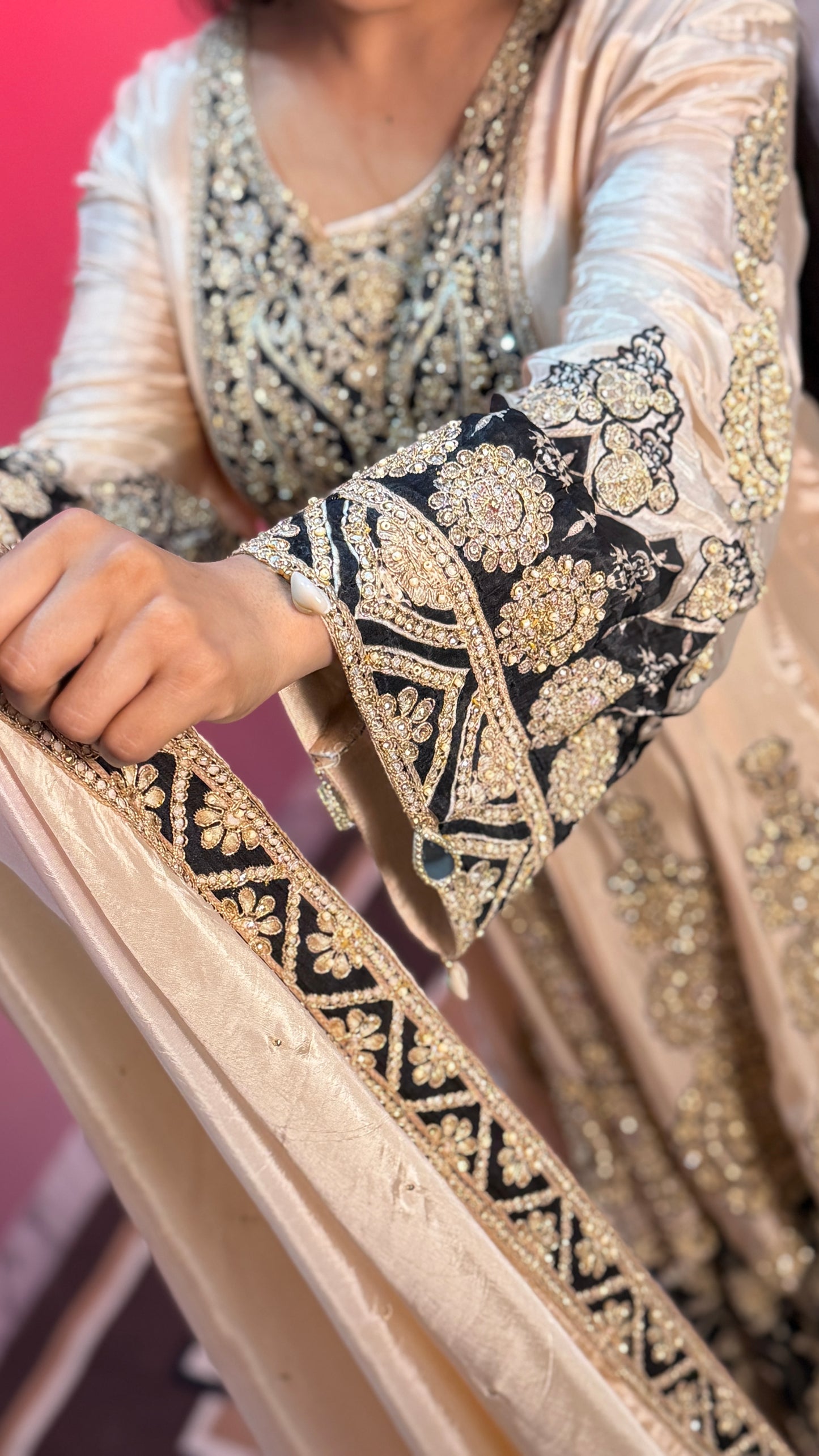 Ivory & Black Pure Crepe Silk Anarkali Gharara Suit with Heavy Embroidery