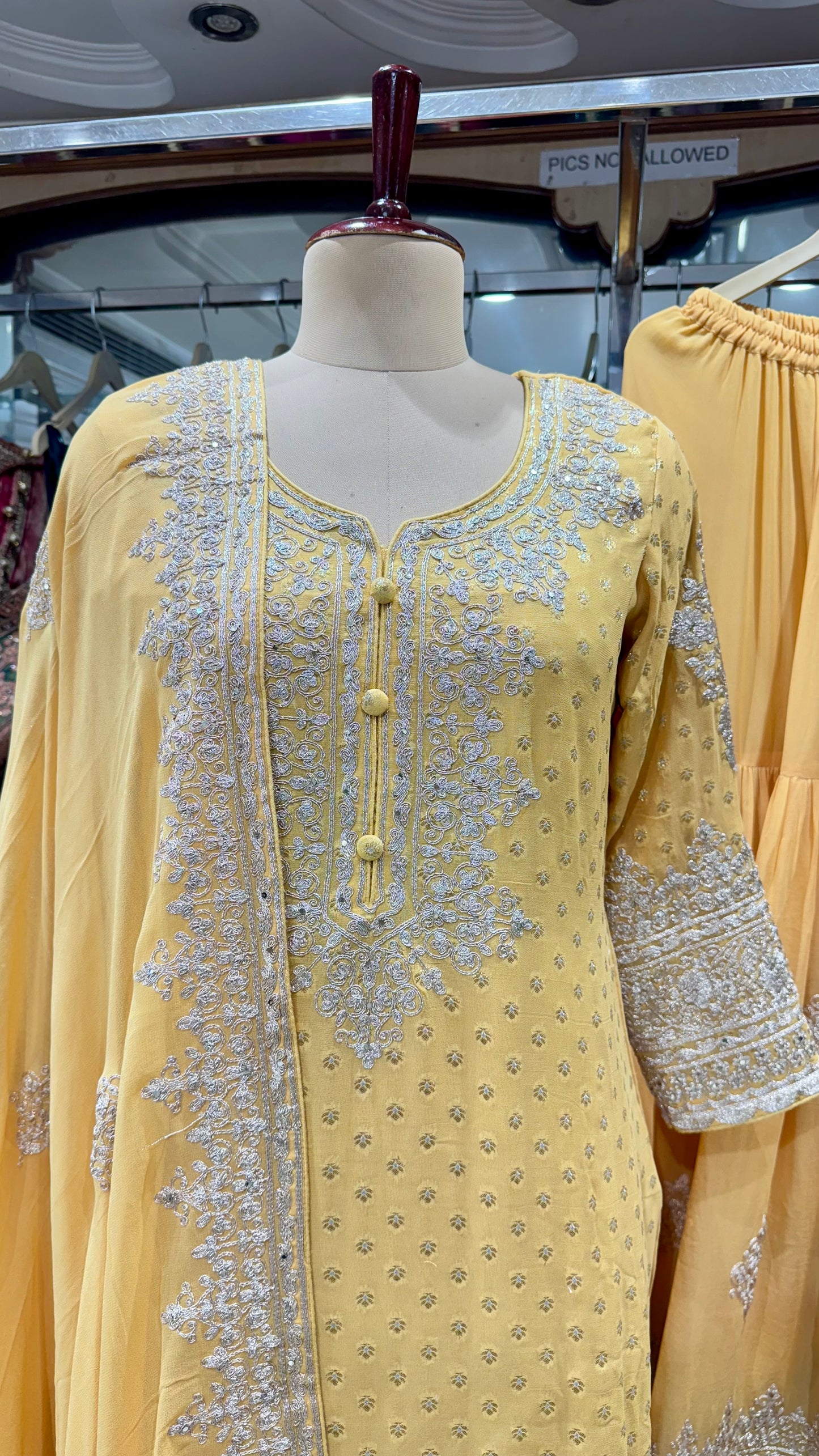 Graceful Pure Mysore Georgette Zari & Sequin Embroidered Readymade Gharara Suit – Free Size (Up to 44” Bust)