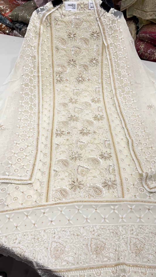 Luxury Unstitched Lakhnavi Pure Georgette Suit | Exclusive Lucknowi Thread, Pearls & Zari Handwork | Designer Georgette Dupatta with Cotton Silk Bottom | Festive Wedding Wear