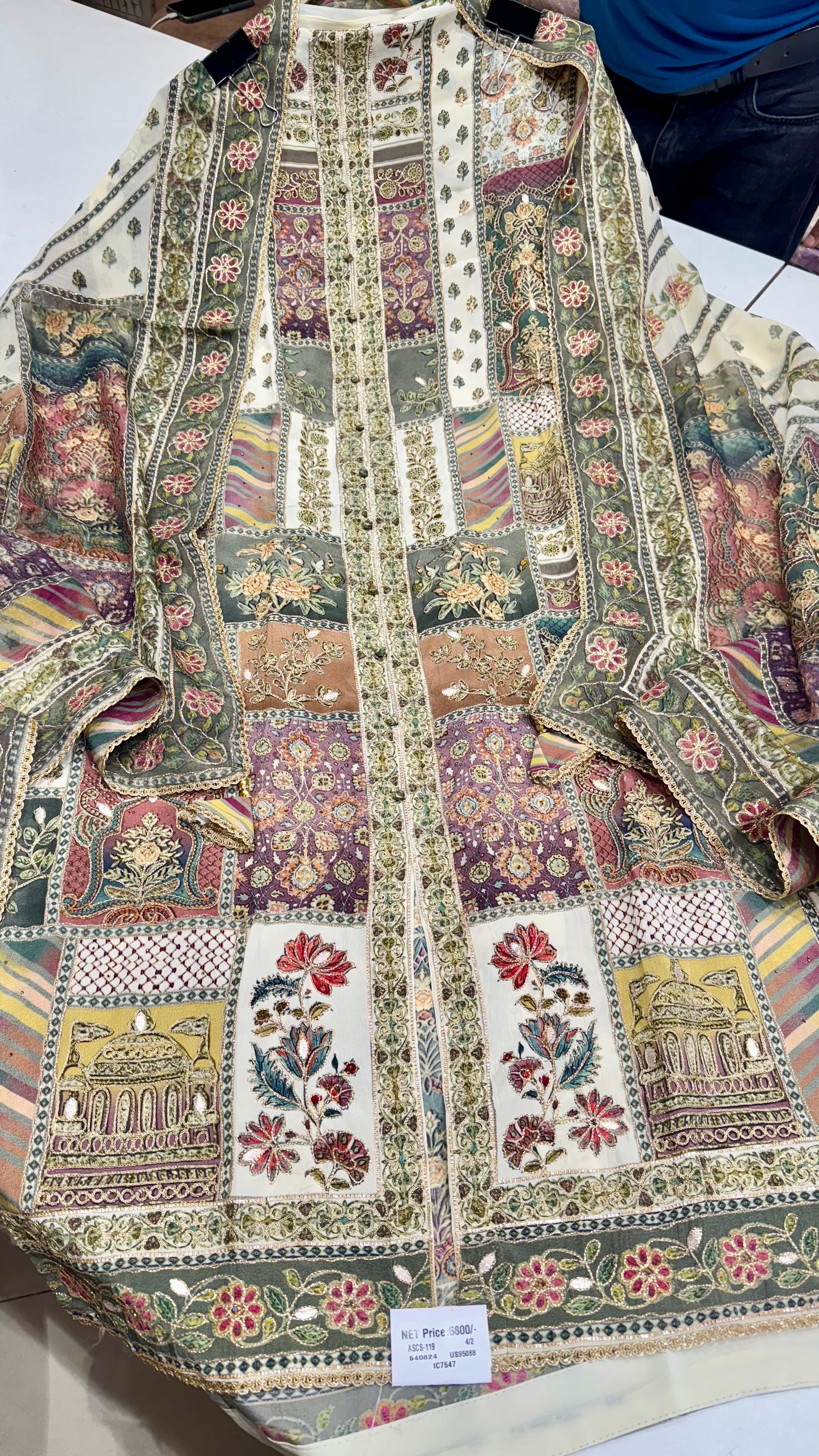 Unstitched Pakistani Pure Crepe Achkan Style Printed & Zari Work Suit with Designer Organza Dupatta & Crepe Bottom
