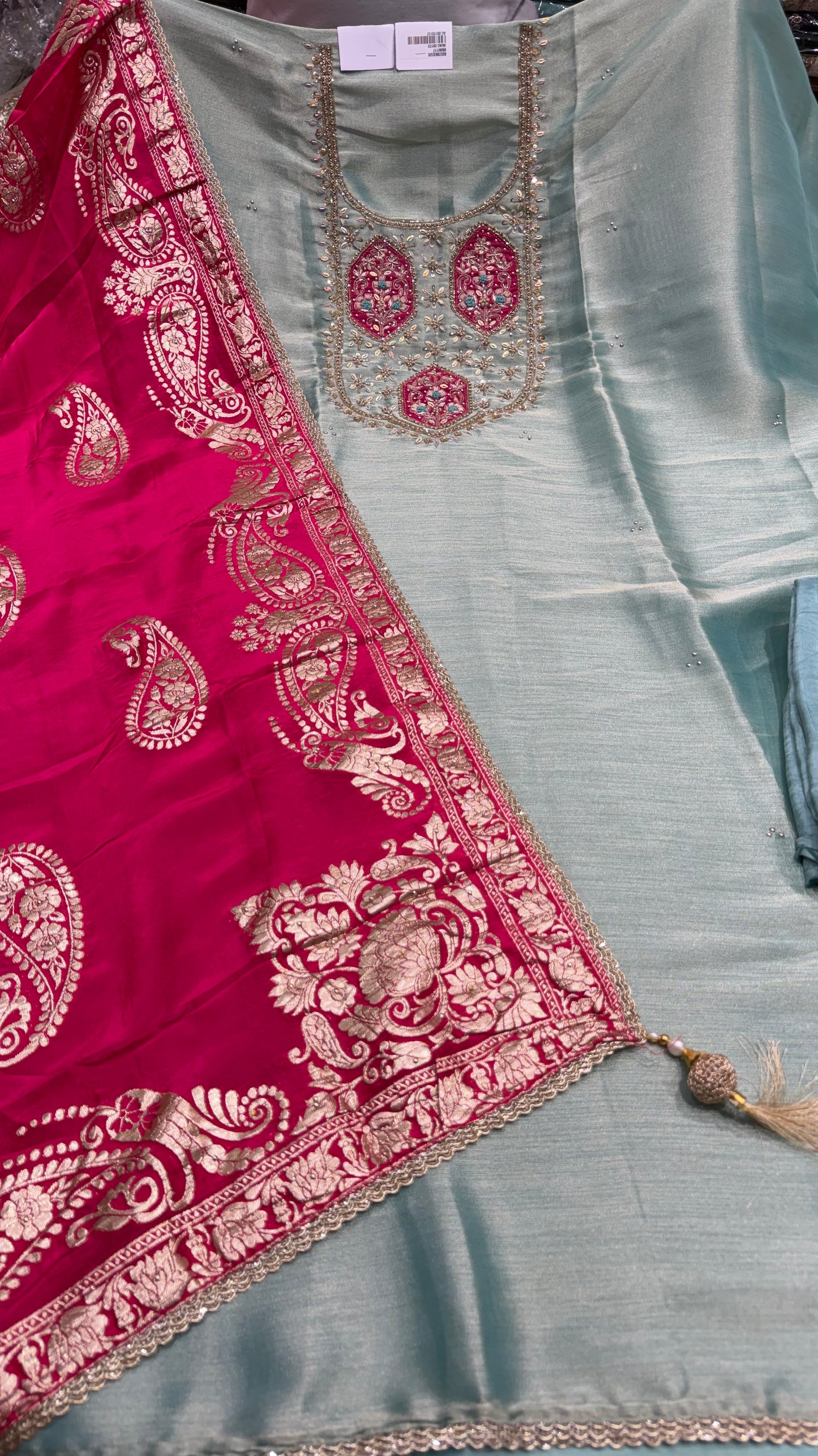 Premium Unstitched Pure Shimmer Tissue Embroidered Suit with Designer Banarasi Dupatta | Nakshi & Zardozi Handwork | Luxury Wedding Wear