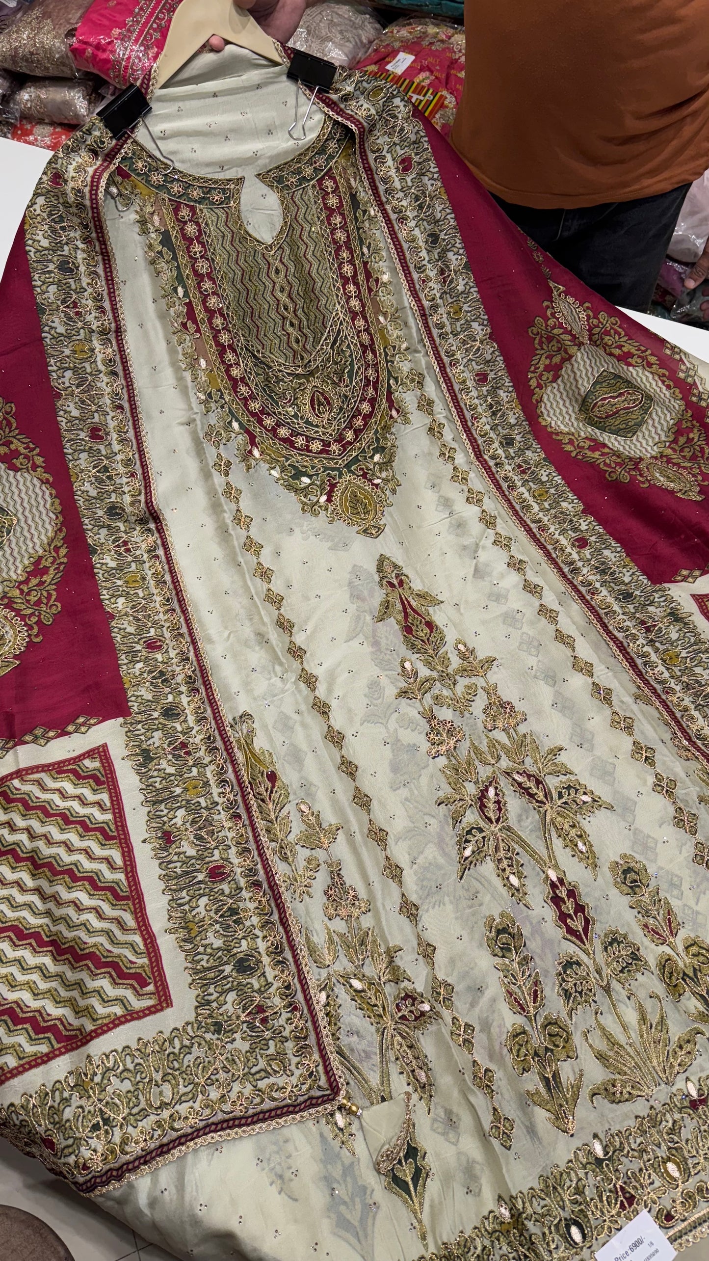 Unstitched Pure Russian Silk Sabyasachi-Inspired Embroidered Suit with Heavy Crepe Bottom