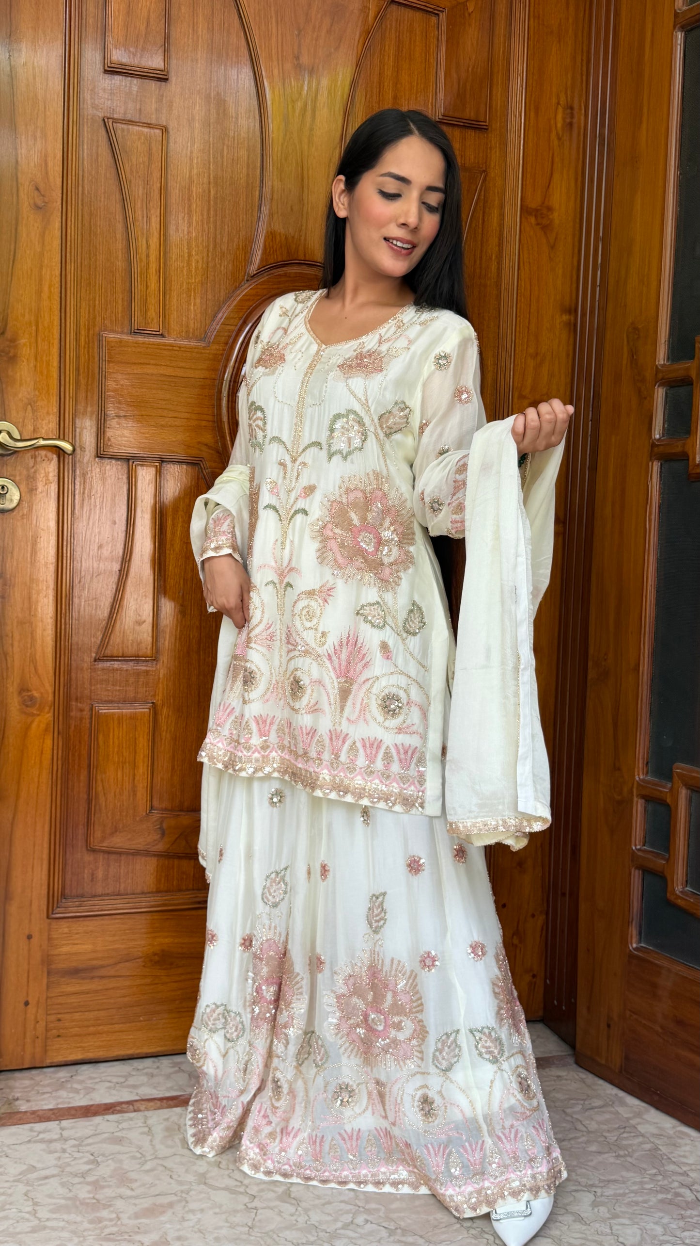 Elegance Chinon Sharara Suit Set with Hand Nakashi Embroidery