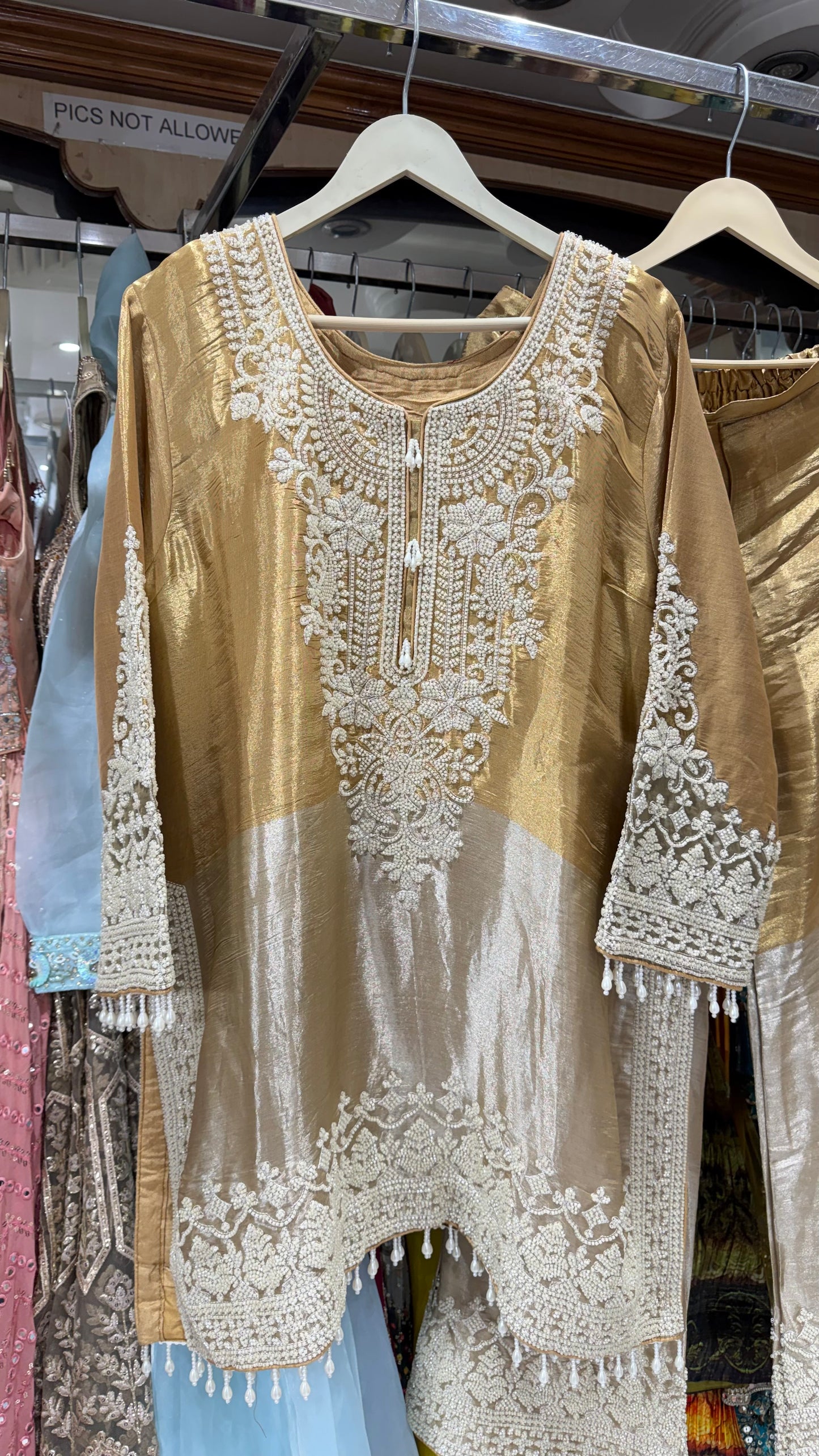 Raw Tissue silk pearls work readymade pants suit