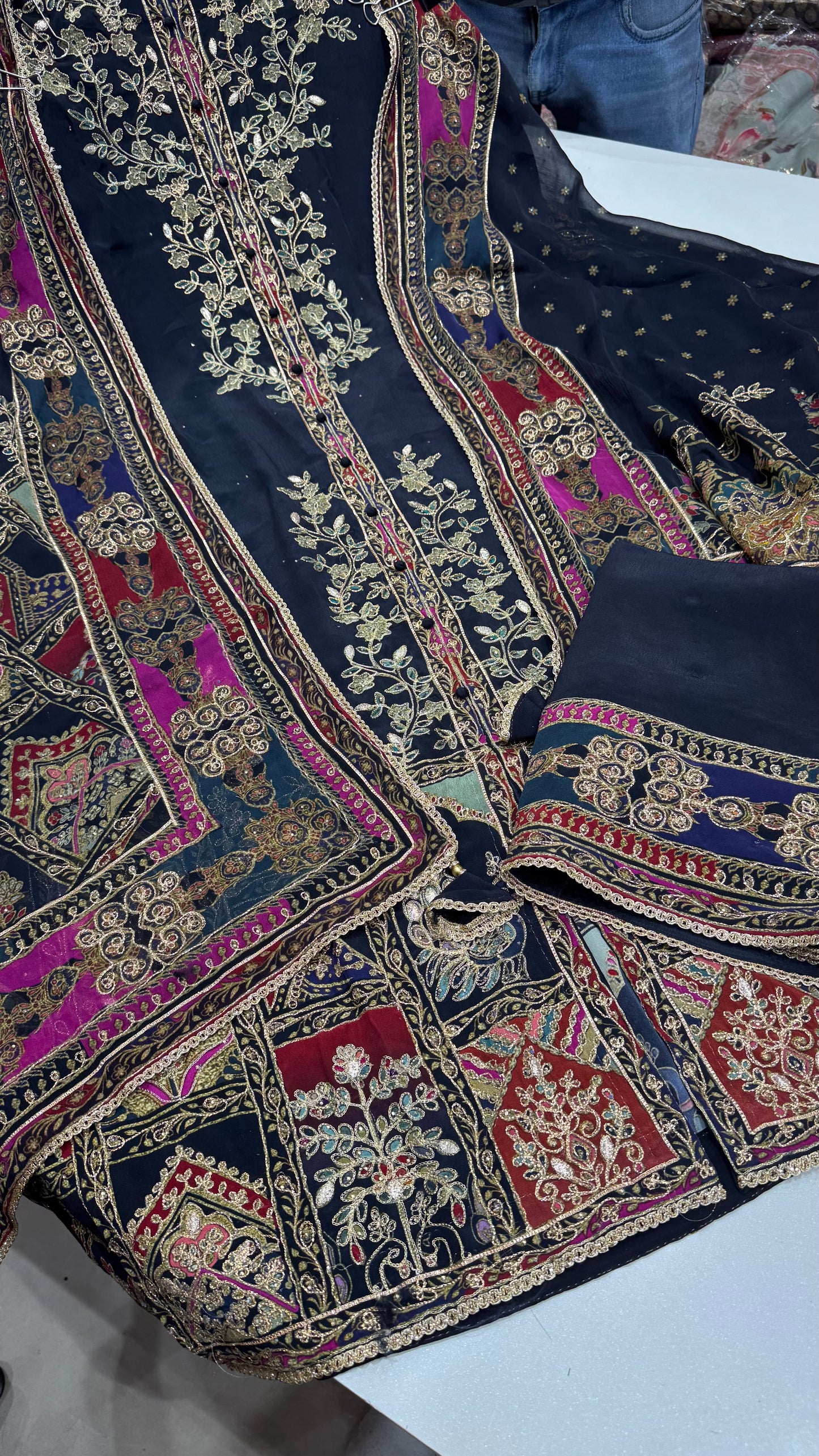 Unstitched Pure Crepe Achkan Style Suit with Zari Embroidery & Chinon Dupatta