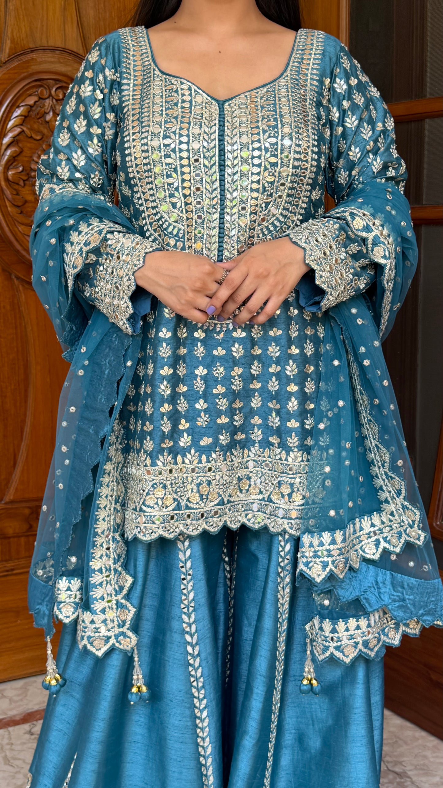 Azure Blue Raw Silk Readymade Sharara Suit with Hand Embroidered Gotta Patti Work