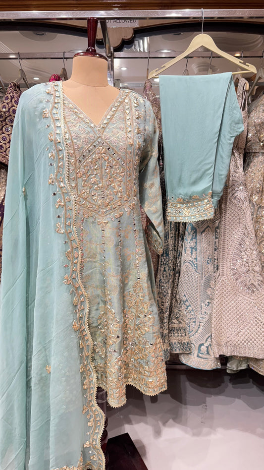 Gota Patti Anarkali Set with Mirror Work – Available in Purple & Mint
