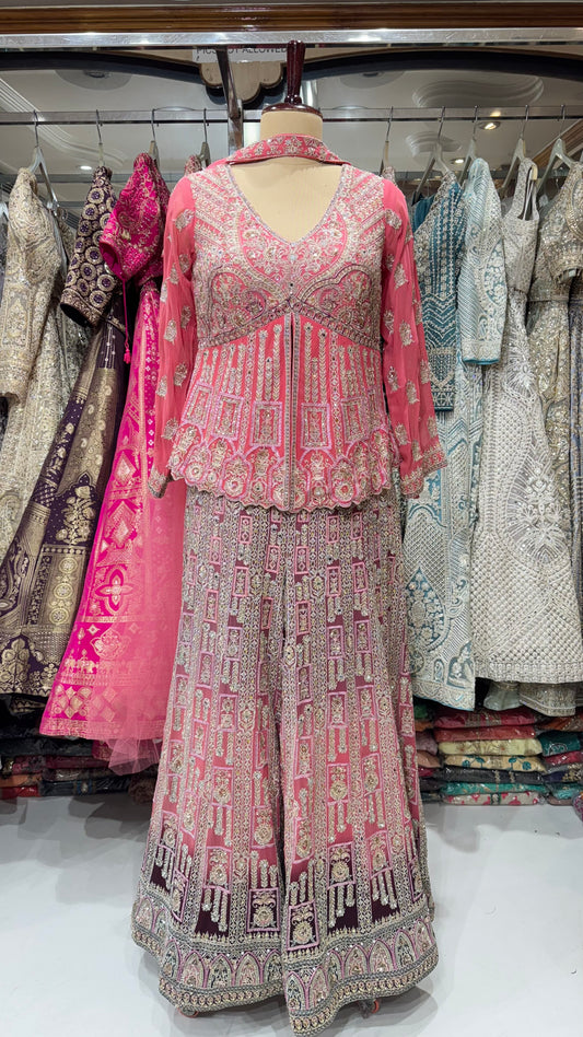 Regal Indo-Western Georgette Sharara Set – Heavily Embroidered Front-Cut Choli with Statement Flair