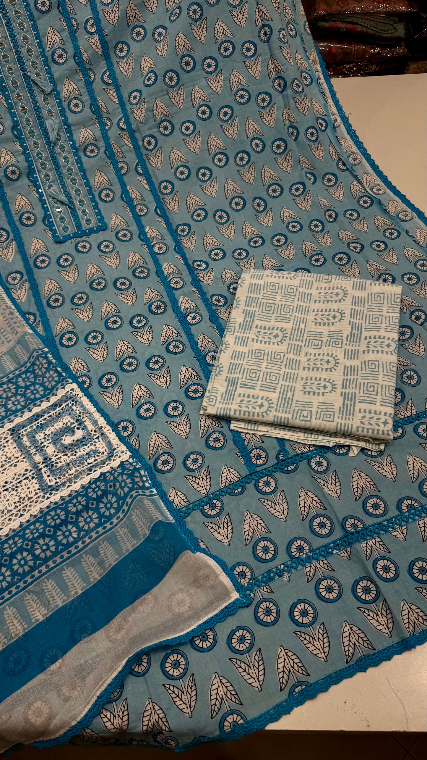 ✨ Sky Blue Printed Cotton Unstitched Suit Set