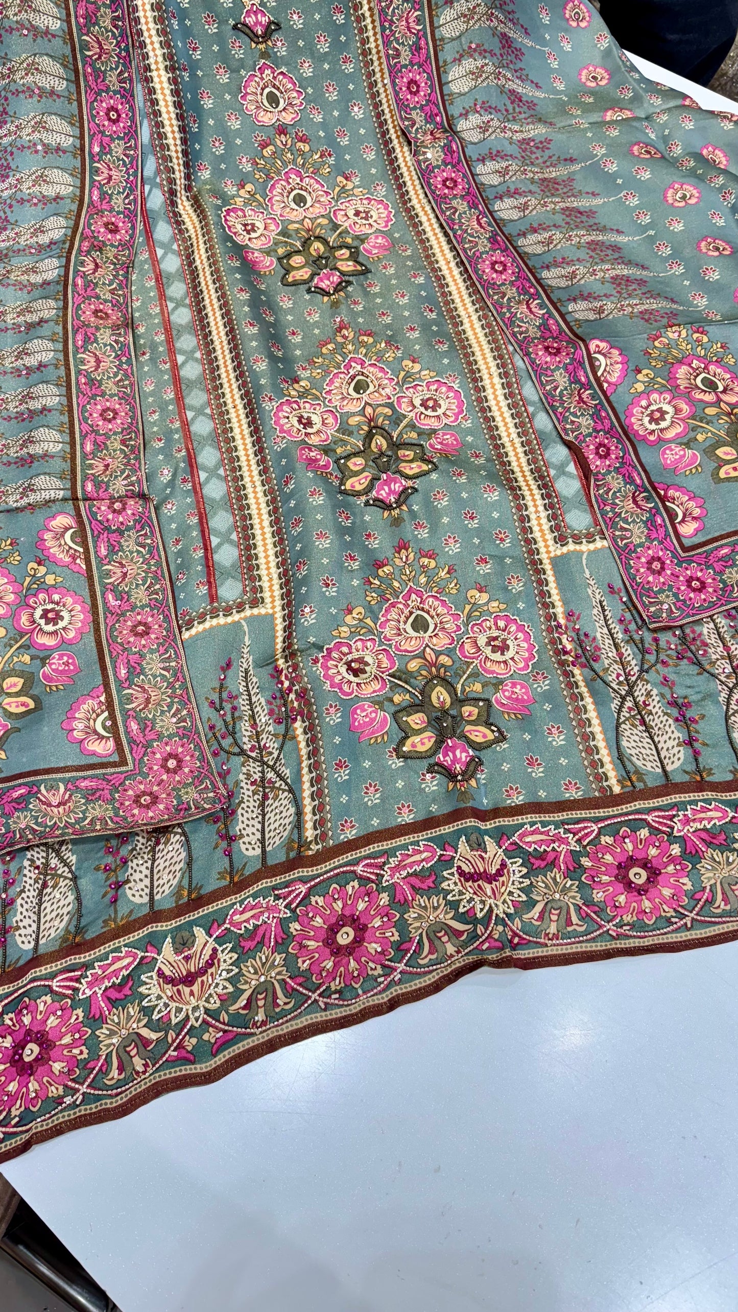 Elegant Satin Silk Unstitched Suit with Printed Dupatta & Hand-Embroidered Pearl Work