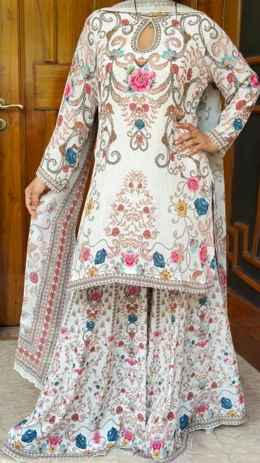 Pure White Floral Luxe Digital Print Sharara Suit Set with Dupatta