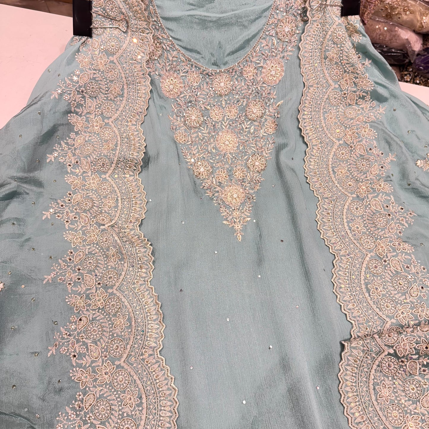 Hand Embroidered Straight Suit on Chinon Crepe with Four-Side Border Dupatta – Available in Mustard, Gold, Mauve & Sky Blue | Includes 2.5m Silk Bottom Fabric