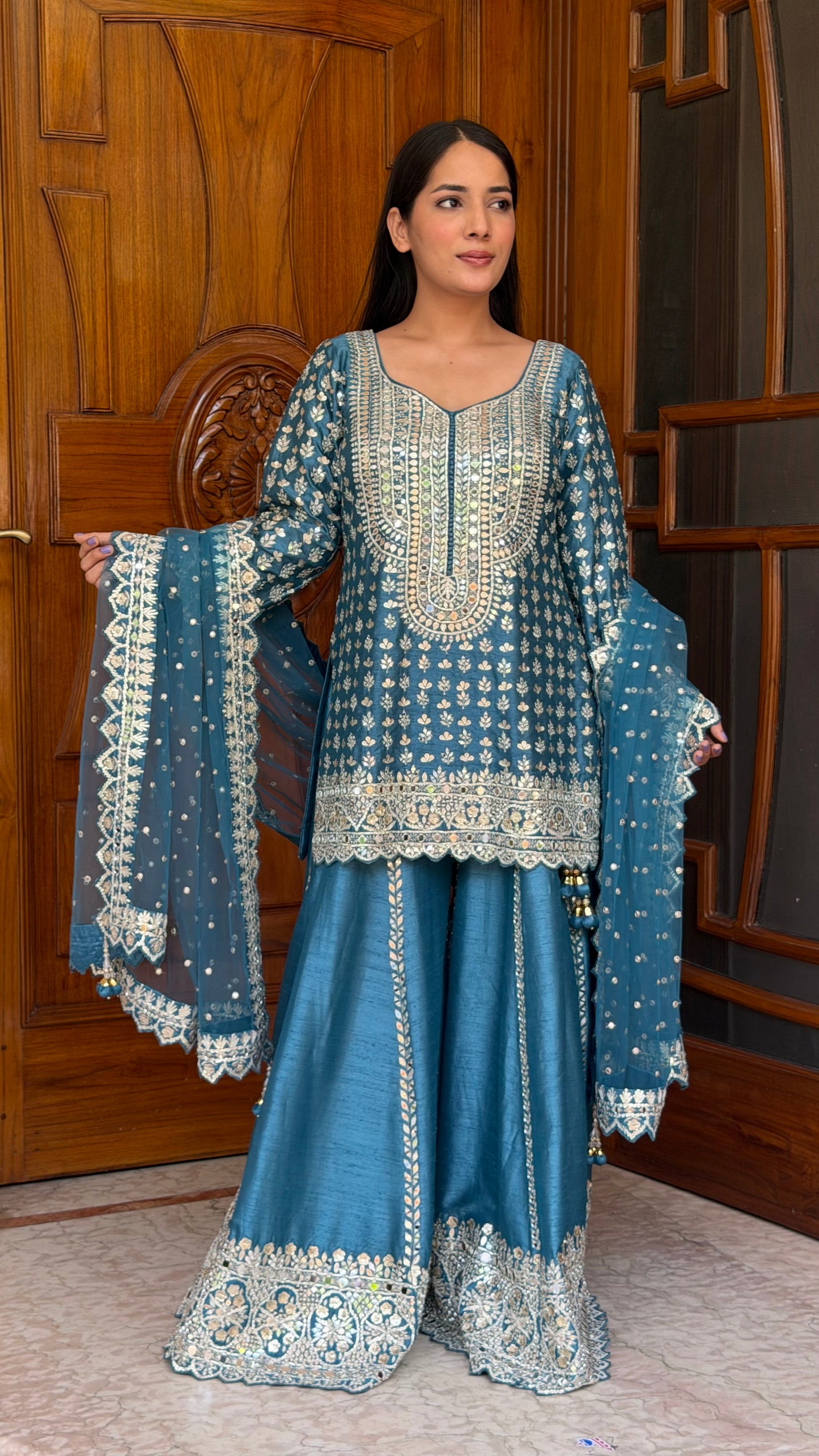 Azure Blue Raw Silk Readymade Sharara Suit with Hand Embroidered Gotta Patti Work
