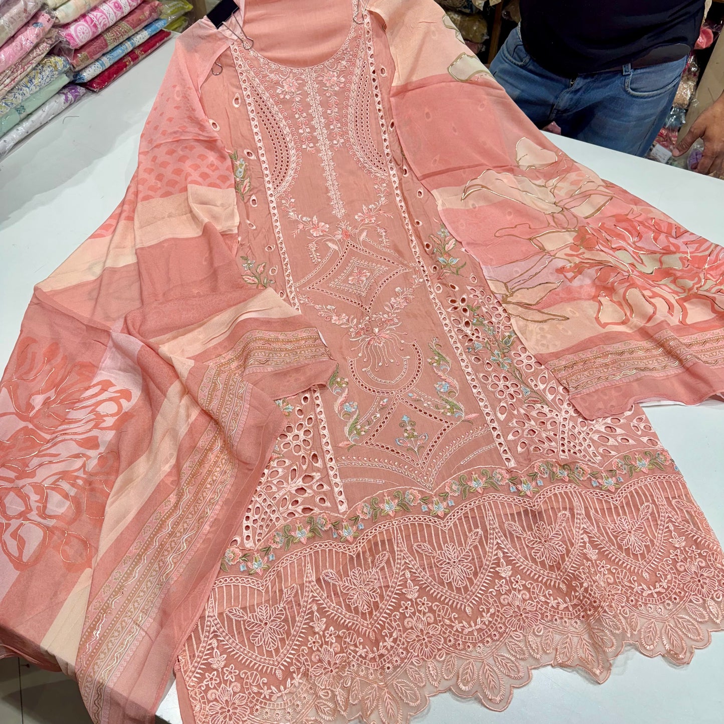 Muslin Pakistani Suit with Embroidered Chinon Dupatta & Soft Silk Bottom (2.5 Meter)