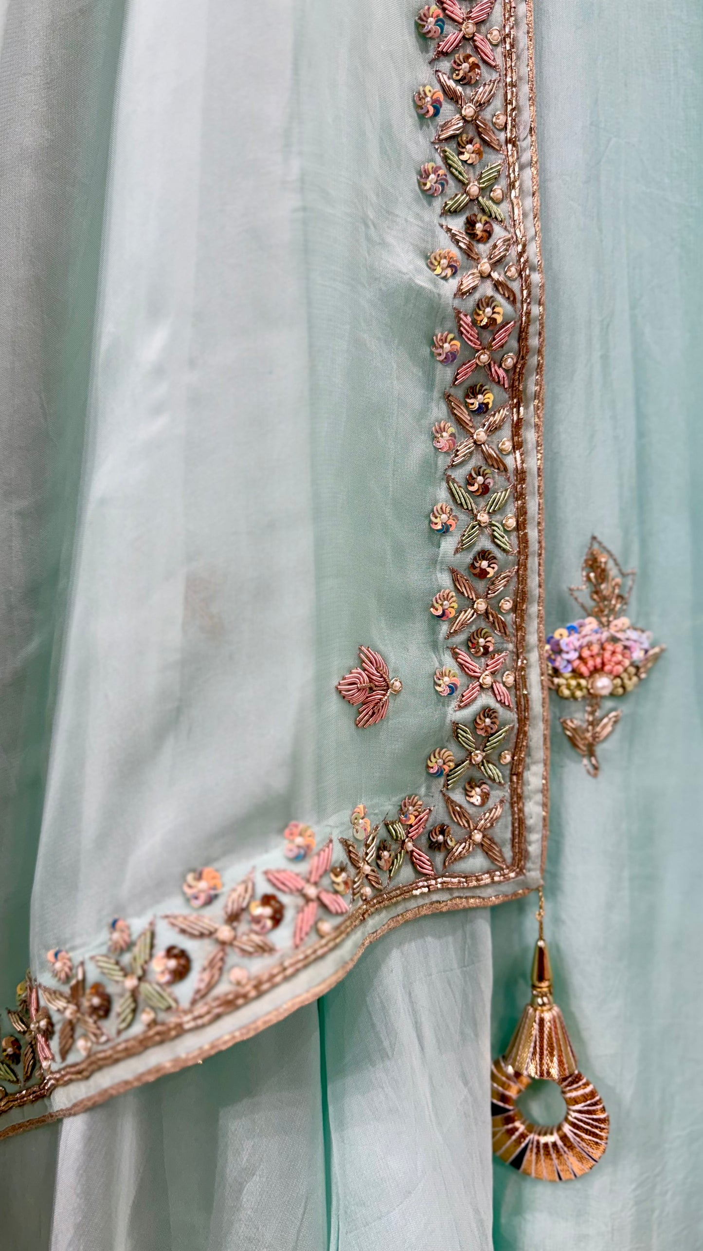 Luxury Unstitched Pure Organza Zardozi Suit | Designer Dabka Embroidery Dress Material with Heavy Neck, Daman & Sleeves Work | 4-Side Embroidered Dupatta | Silk Bottom Fabric (US7235)