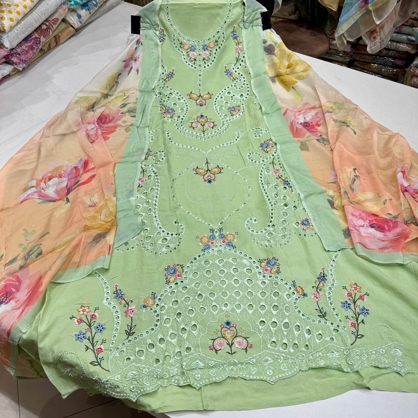 Muslin Pakistani Style thread and crochetwork suit set