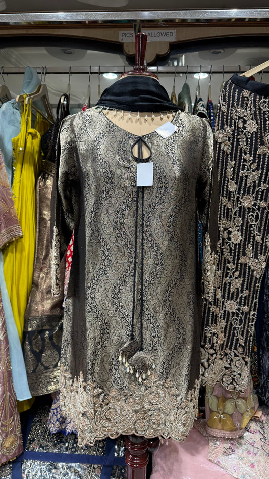 Pure Kheenkhaab Handwork pearls embroided pants suit