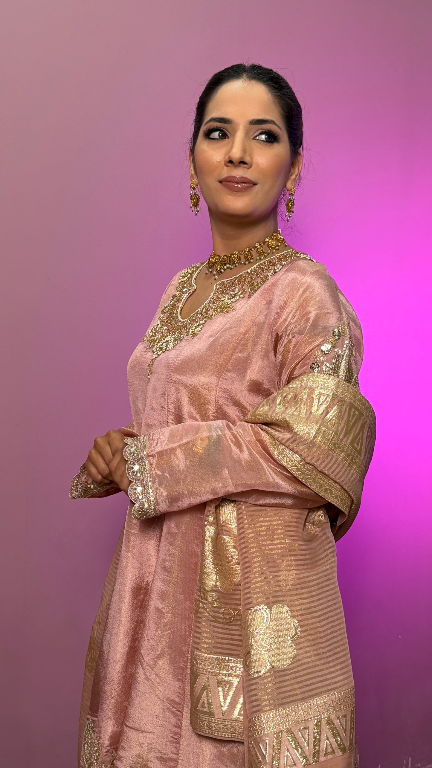 Blush Peach Tissue Anarkali Suit with Banarasi Dupatta