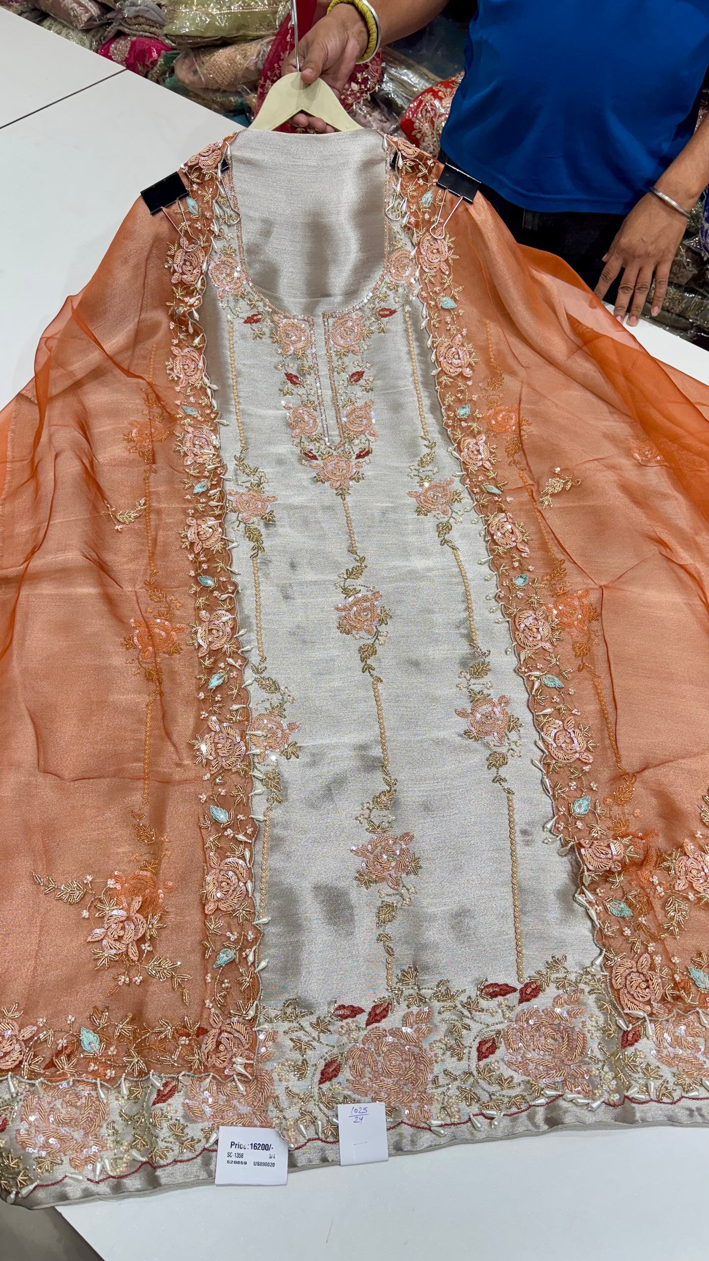 Luxury Hand-Embroidered Unstitched Shimmer Tissue Suit with Organza Dupatta