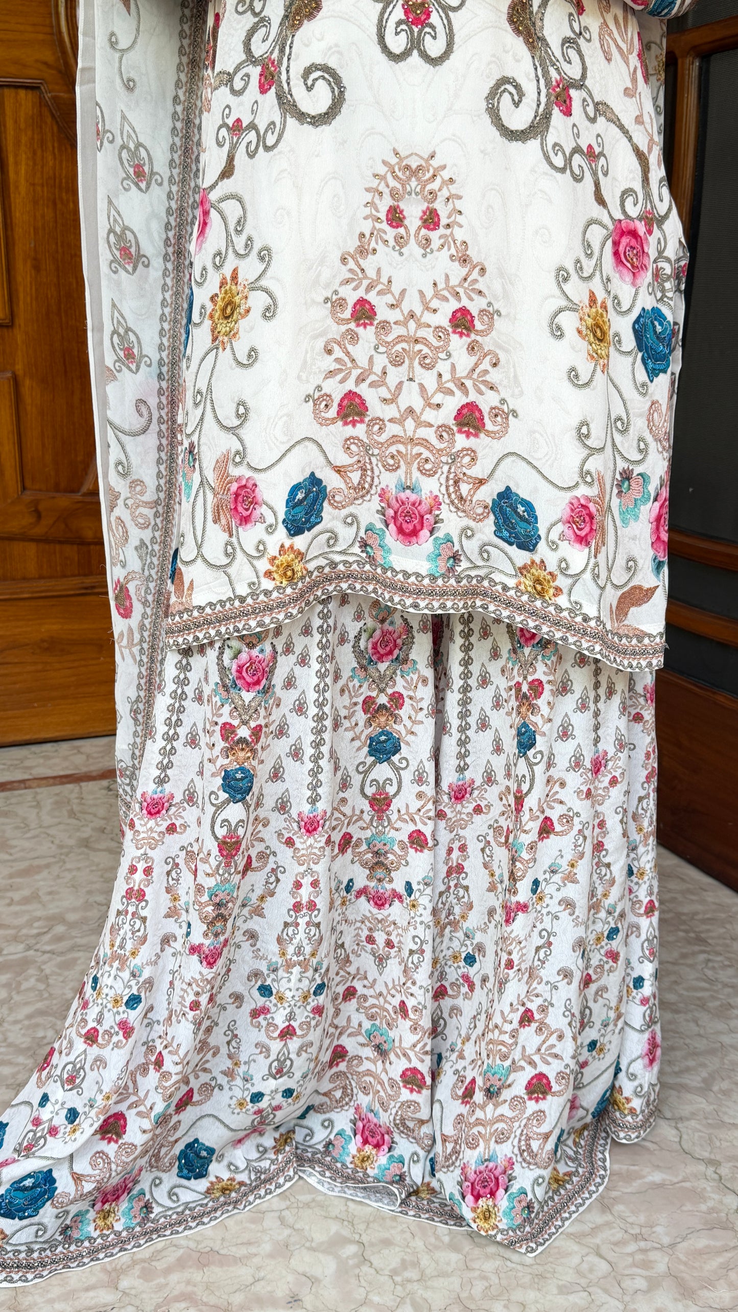 Pure White Floral Luxe Digital Print Sharara Suit Set with Dupatta