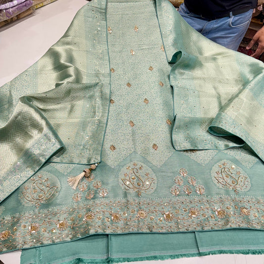 Luxury Pure Banarasi Tissue Silk Suit with Zardozi & Dabka Embroidered Ghera | Banarasi Tissue Dupatta | 2.5m Silk Bottom