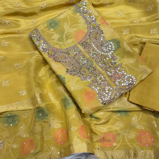 Light yellow banarsi tissue gotta patti handwork neck suit set