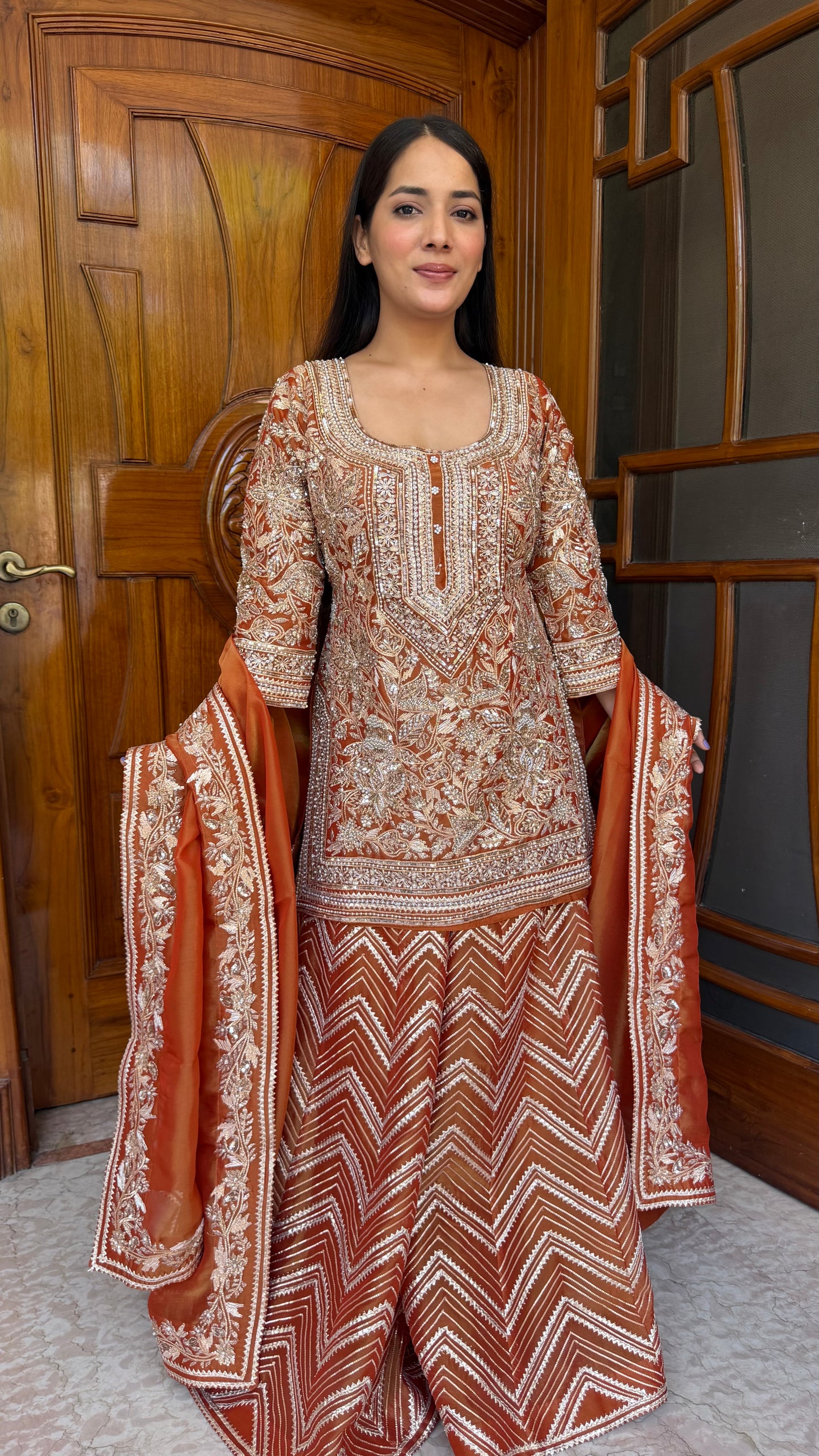 Rust Orange Pure Tissue Heavy Sharara Suit with Hand Embroidered Zardozi Work