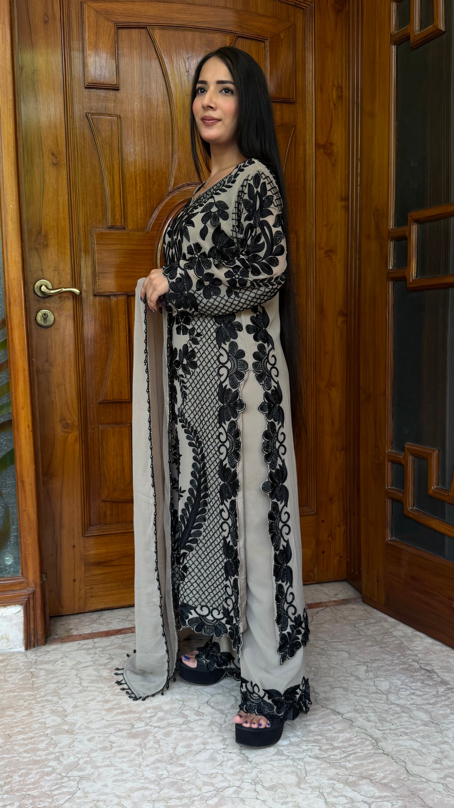 Long Pakistani Georgette Pants Suit with Hand Beads Work
