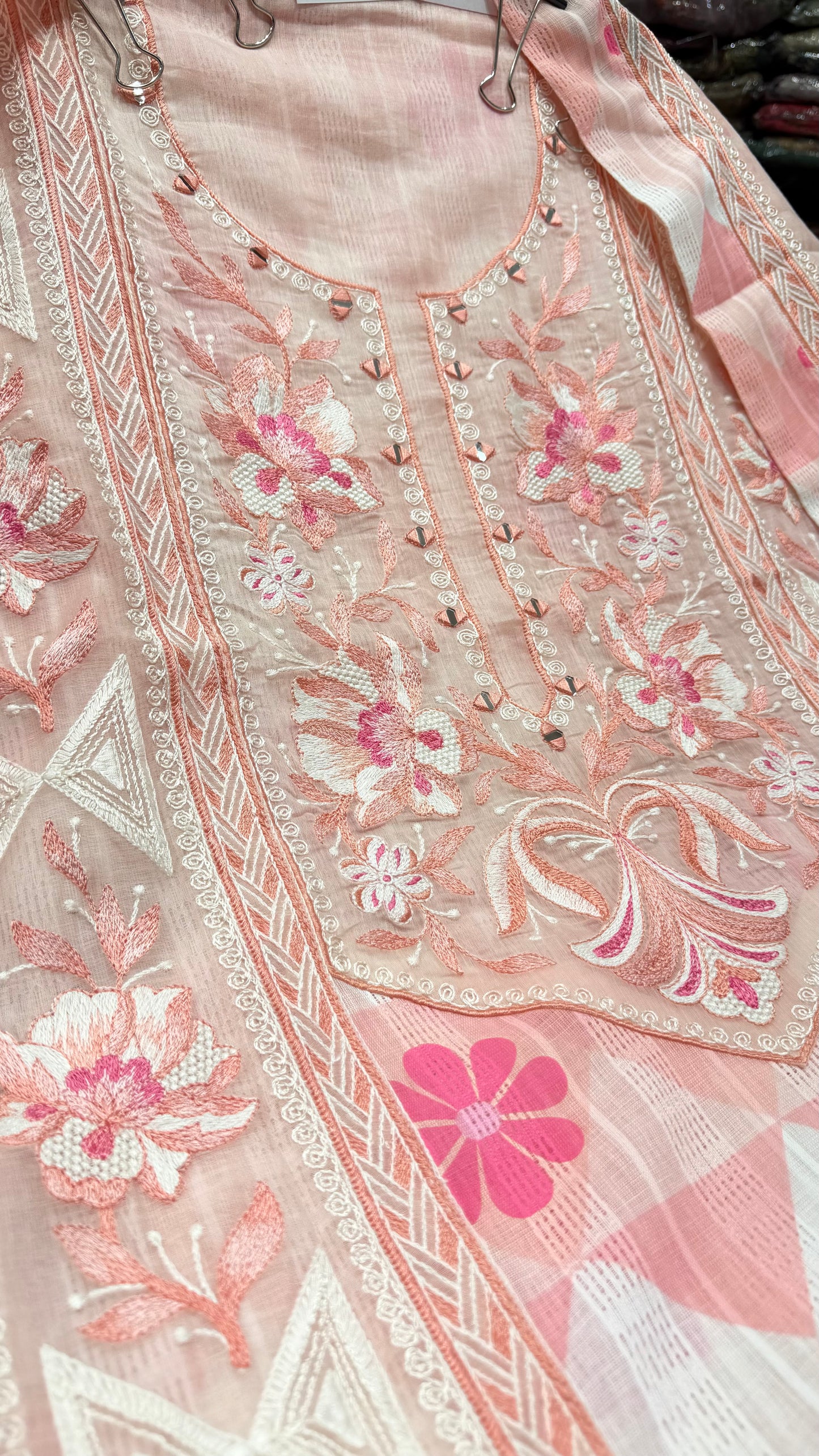Luxury Pure South Cotton Unstitched Suit with Thread & Mirror Embroidery | Designer Cotton Dress Material with Mul Mul Dupatta