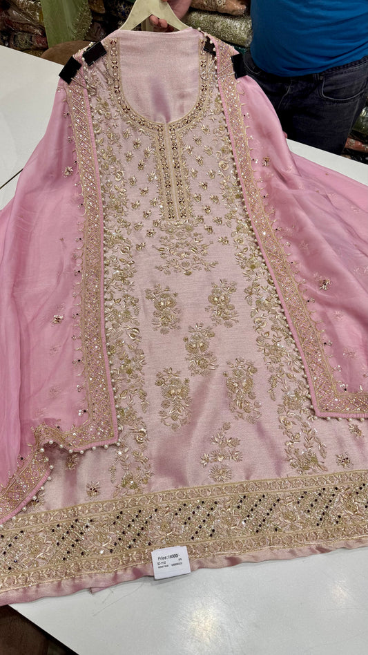 Pure Shimmer Tissue Unstitched Suit with Zardozi & Dabka Hand Embroidery
