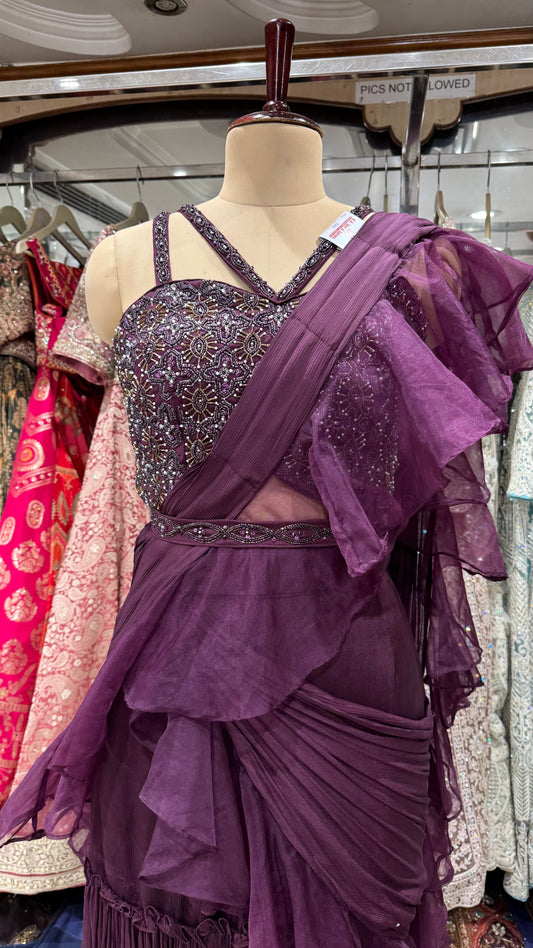 Plum Zardozi Hand Embroidered Indo-Western Sharara Saree – Readymade Free Size (Up to 42” Bust)
