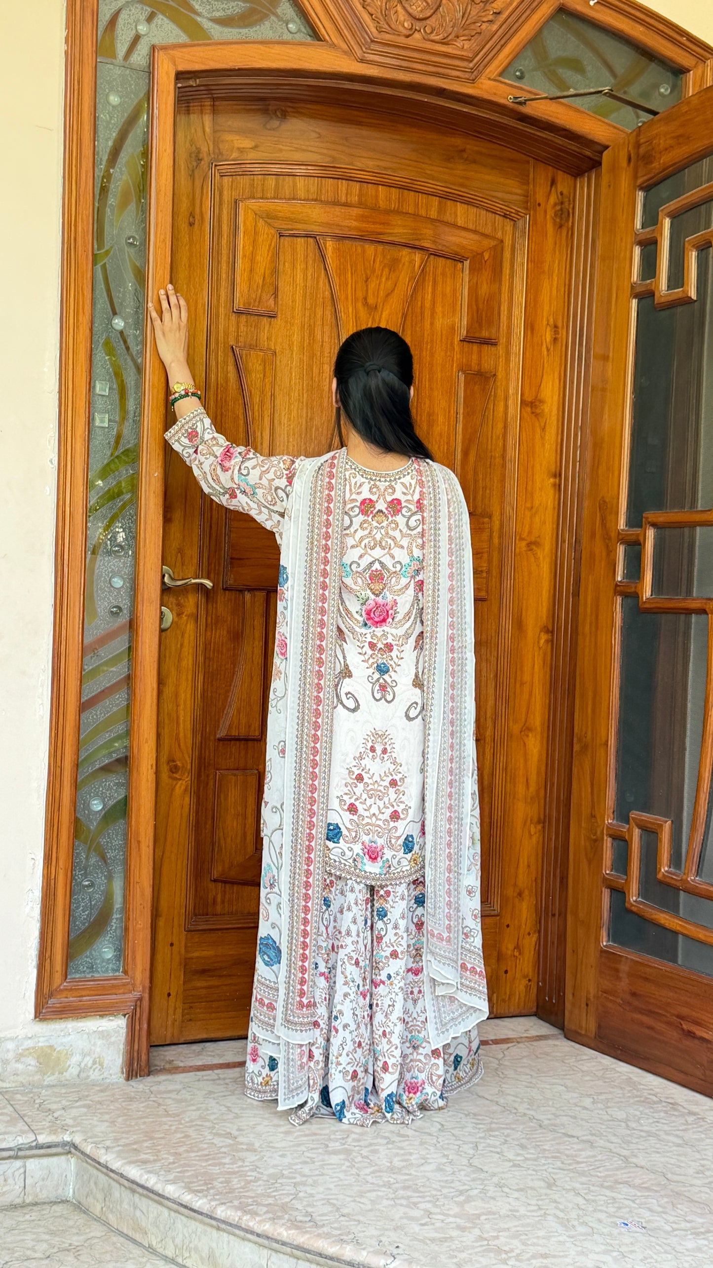 Pure White Floral Luxe Digital Print Sharara Suit Set with Dupatta