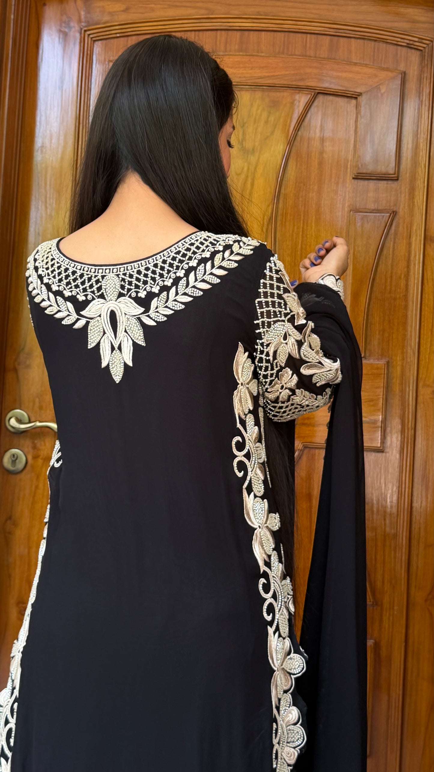Long Pakistani Georgette Pants Suit with Hand Beads Work