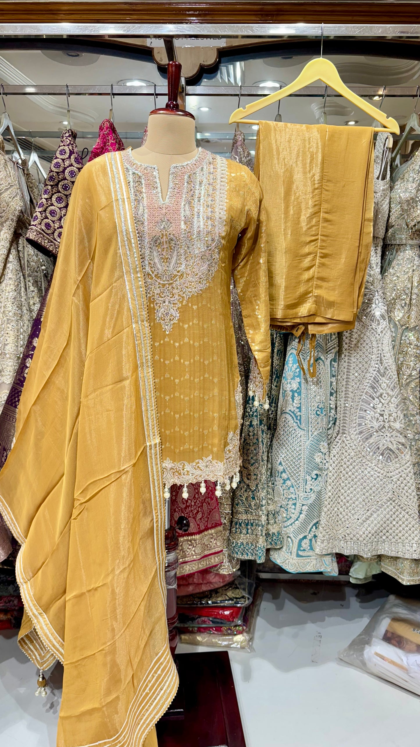 Embroidered Tissue Silk Pant Suit with Pearl Detailing – Available in Mustard & Rust