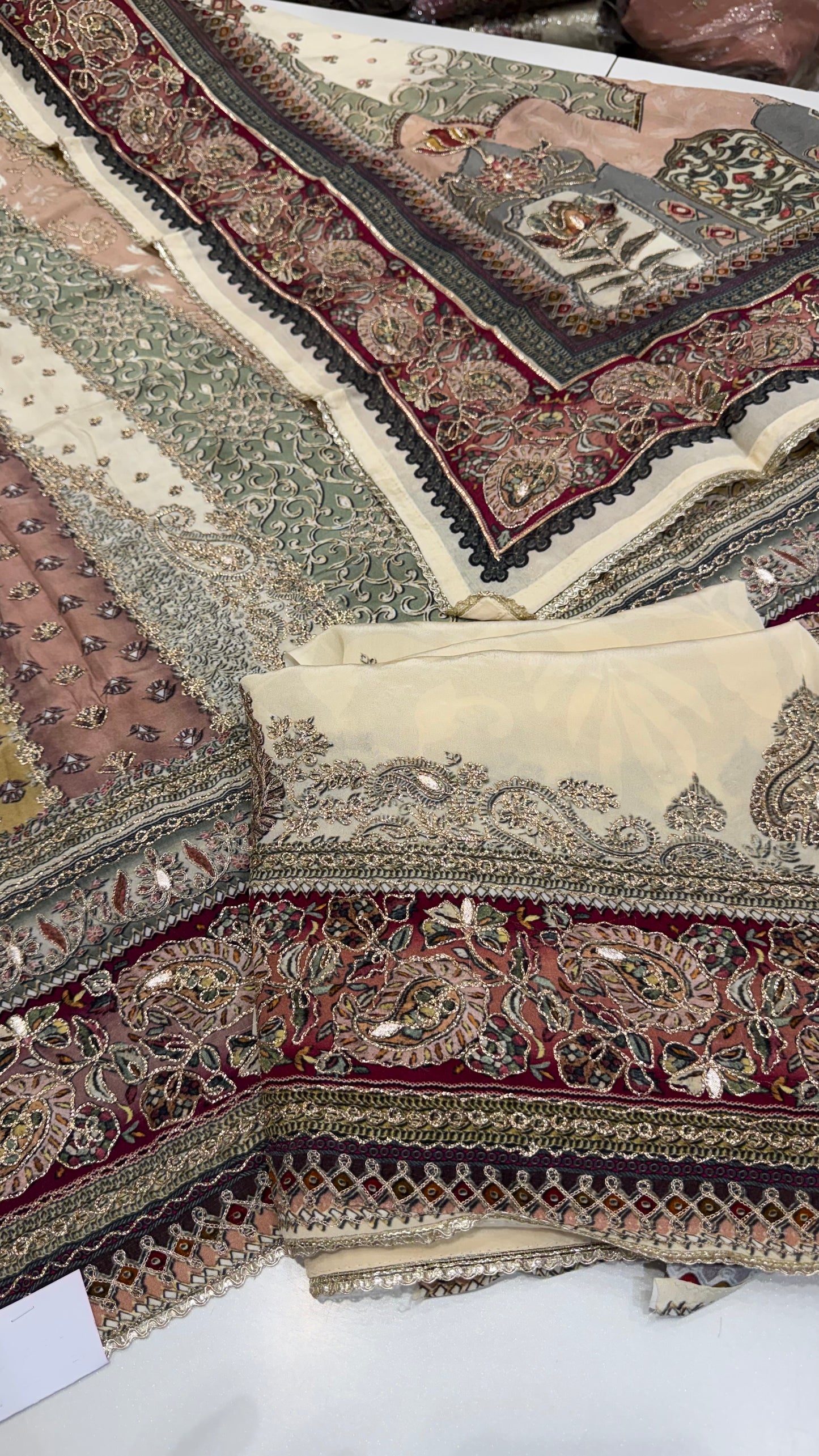 Sabyasachi Inspired A-Line Premium Unstitched Pure Crepe Suit with Designer Chinon Dupatta | Zari Aari Embroidery | Luxury Wedding Wear