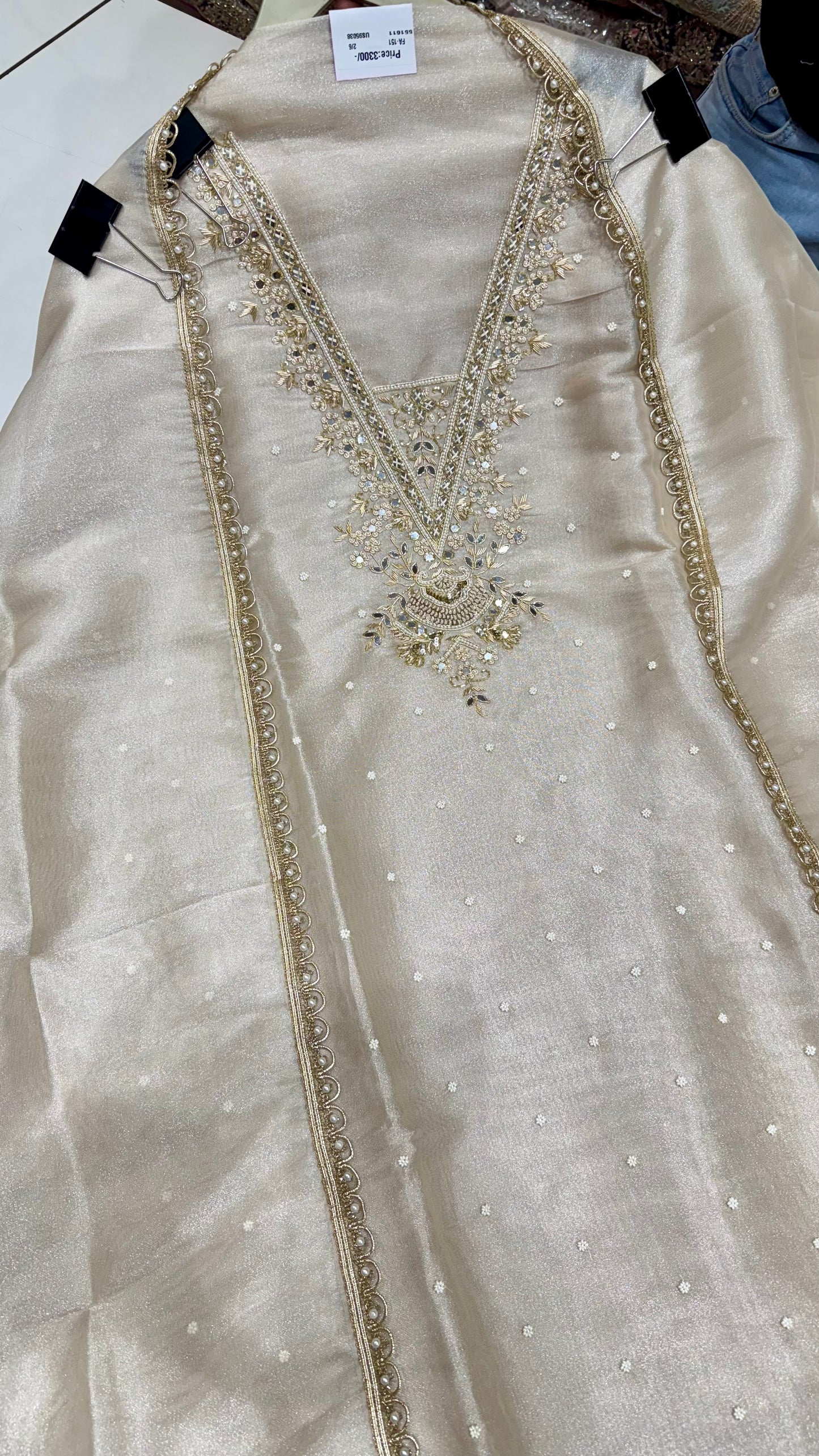 Elegant Burbery Tissue Unstitched Suit with Zardozi & Pearl Embellishments