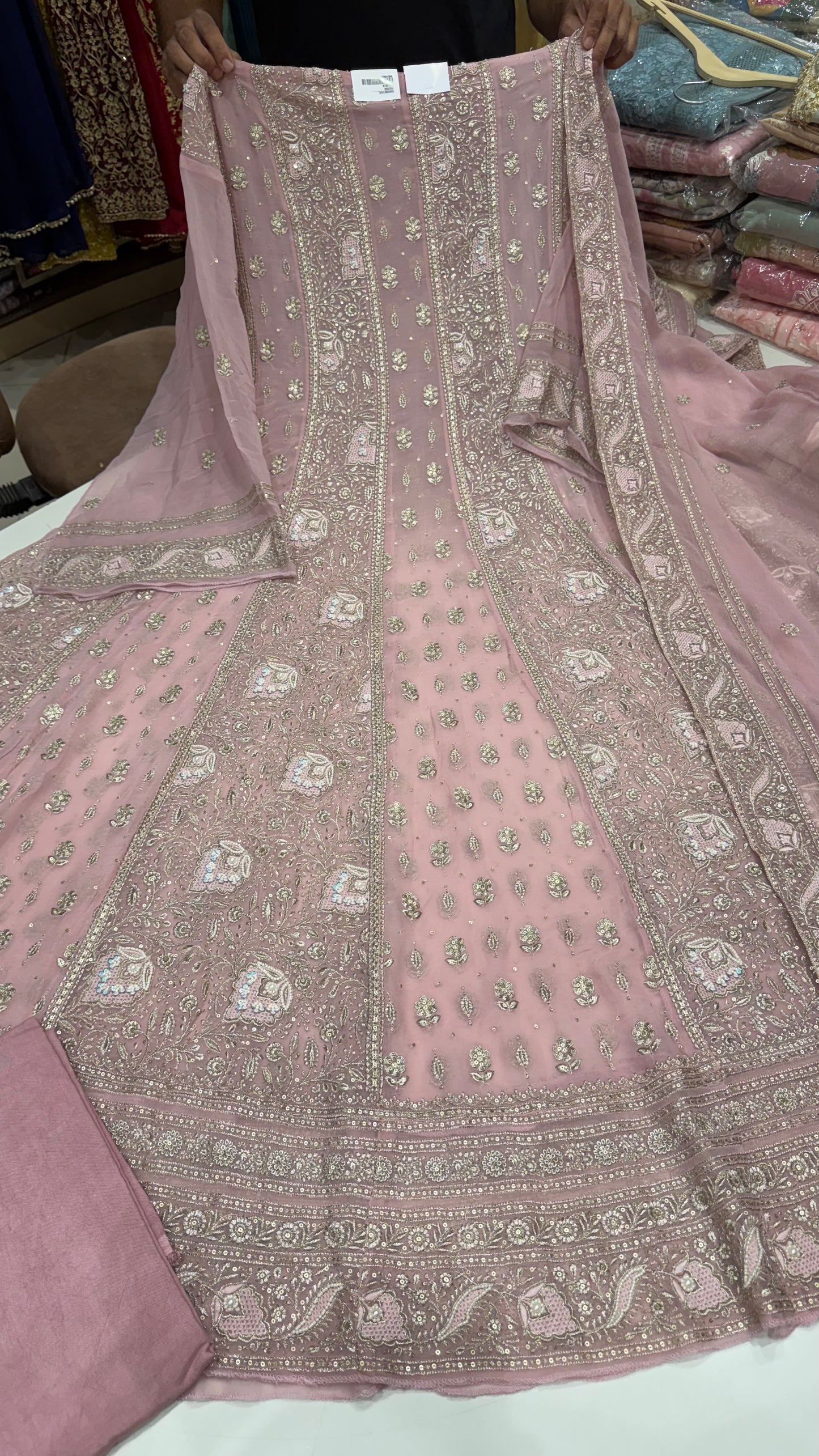 Luxury Unstitched Pure Georgette Zari Lakhnavi Anarkali Suit with Resham, Sequin & Pearl Handwork | Designer Wedding & Party Wear Suit