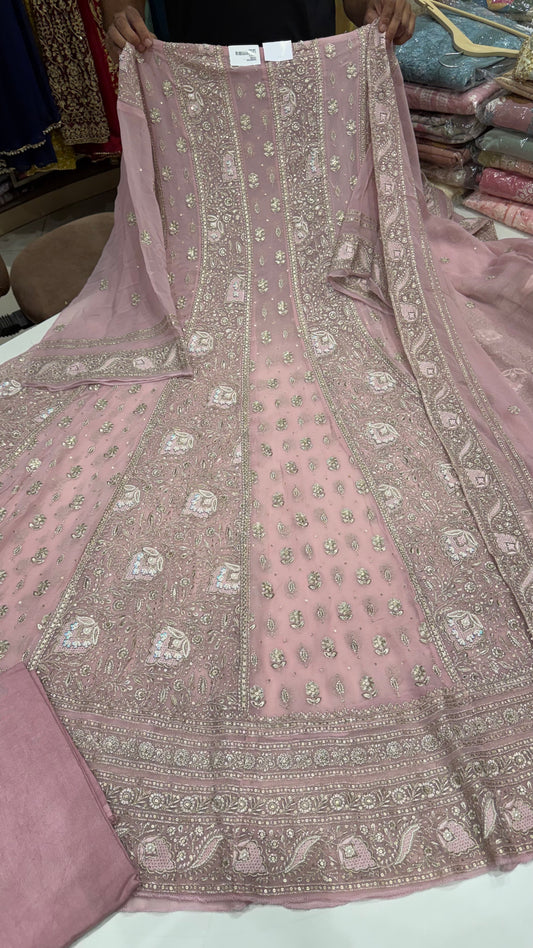 Luxury Unstitched Pure Georgette Zari Lakhnavi Anarkali Suit with Resham, Sequin & Pearl Handwork | Designer Wedding & Party Wear Suit