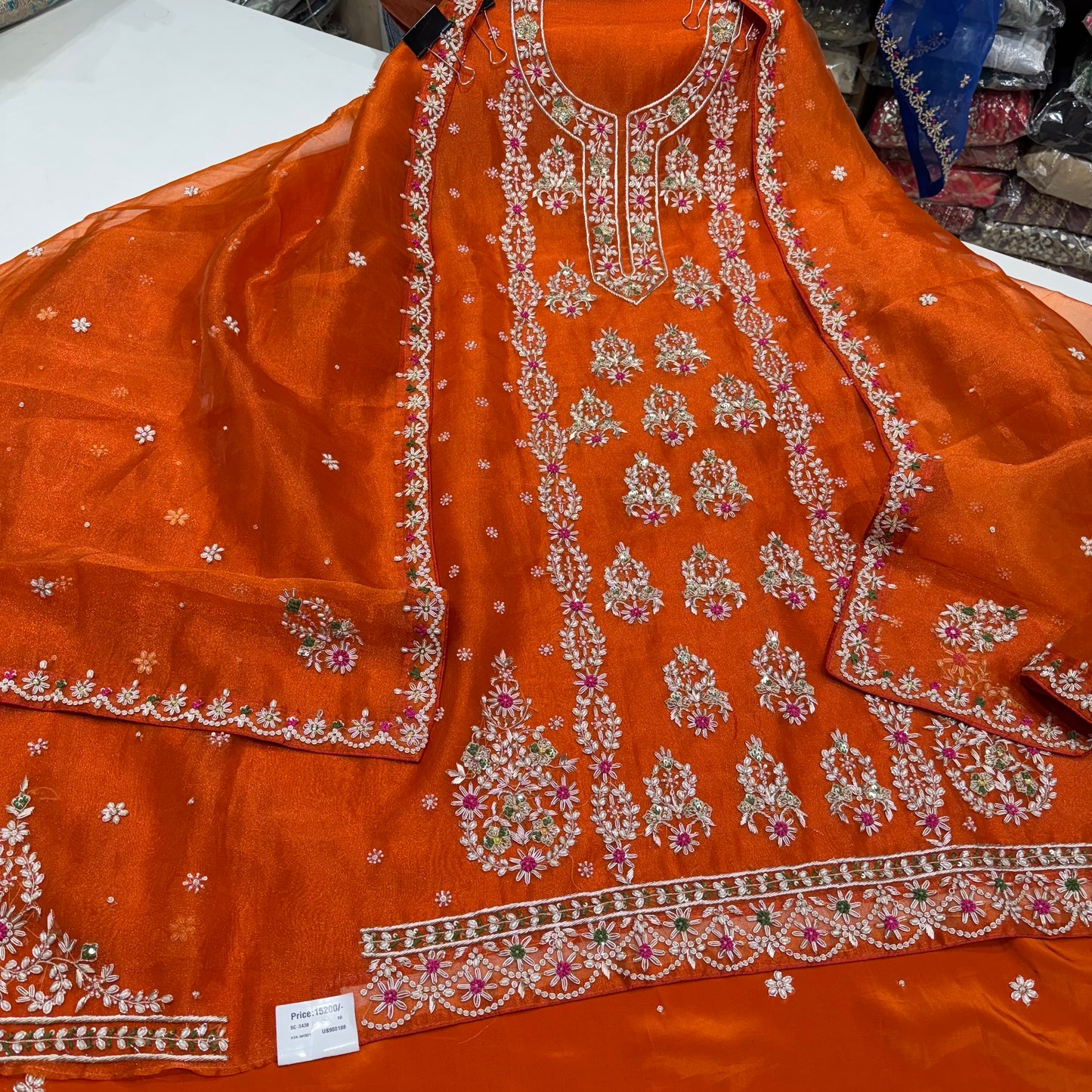 Embroidered Organza Unstitched Suit - Traditional Floral Design with Dupatta (Available in Rust & Royal Blue)