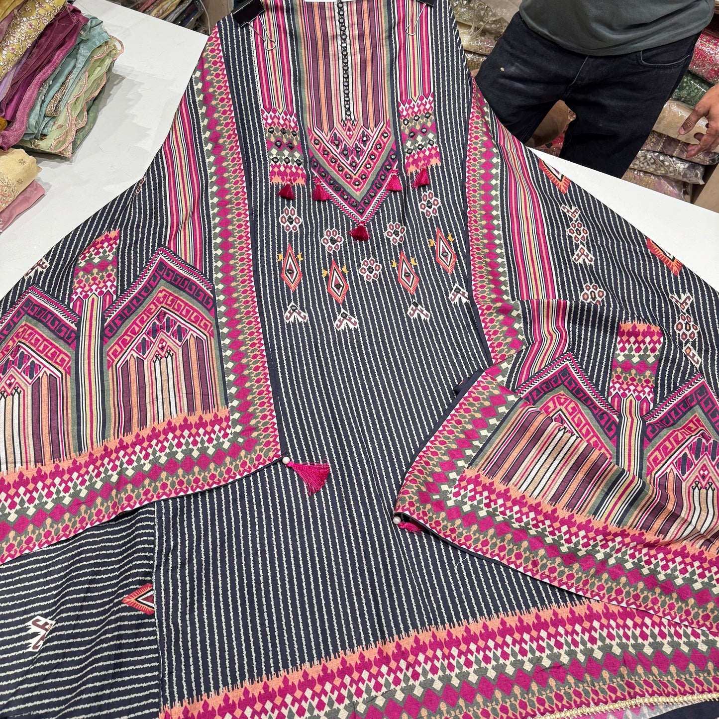 Tribal-Inspired Printed Modal Cotton Suit in Bold Multicolor Geometric Design”