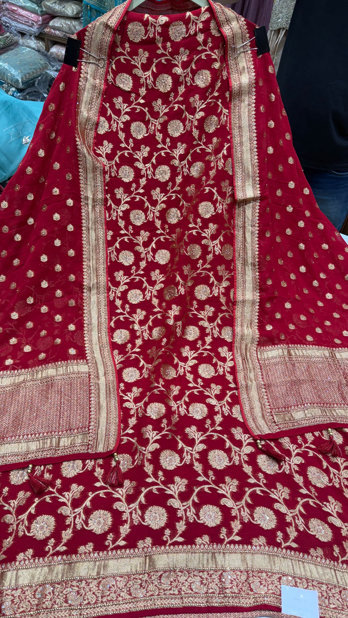 Luxury Unstitched Pure Mysore Georgette Suit | Khaddi Handloom Weaving with Heavy Embroidery Highlight | Designer Daman, Sleeves Work & Handwoven Khadi Dupatta | Festive Wedding Wear