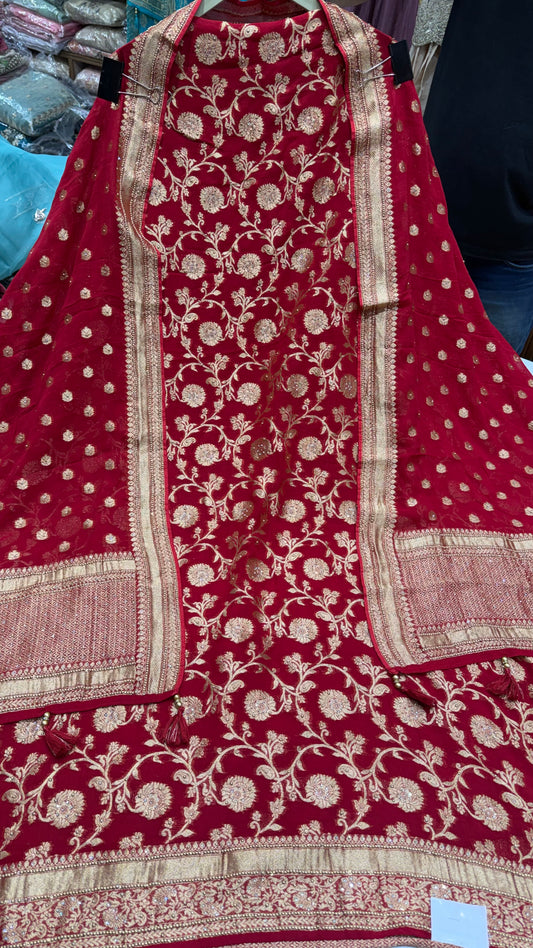 Luxury Unstitched Pure Mysore Georgette Suit | Khaddi Handloom Weaving with Heavy Embroidery Highlight | Designer Daman, Sleeves Work & Handwoven Khadi Dupatta | Festive Wedding Wear