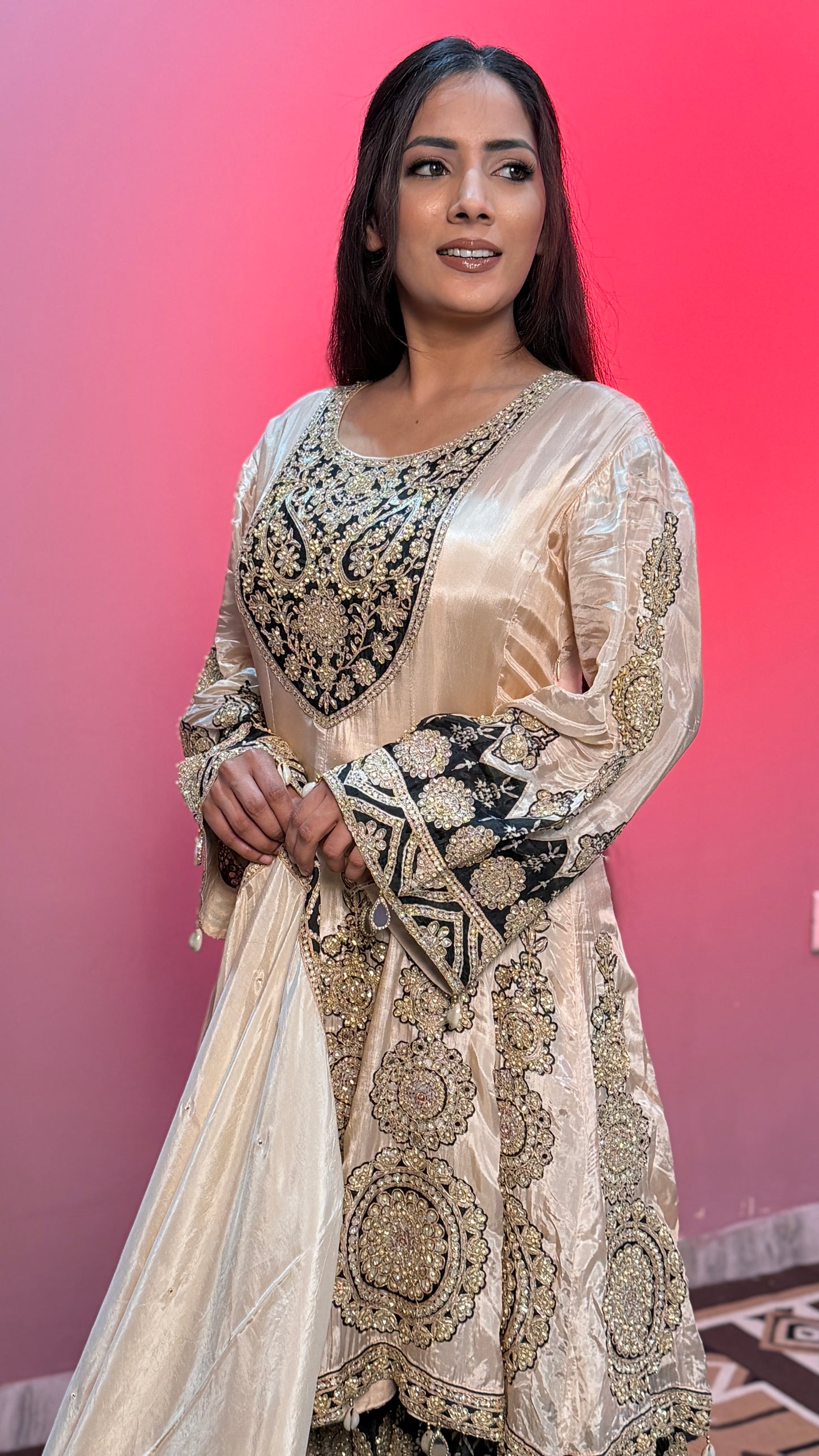 Ivory & Black Pure Crepe Silk Anarkali Gharara Suit with Heavy Embroidery