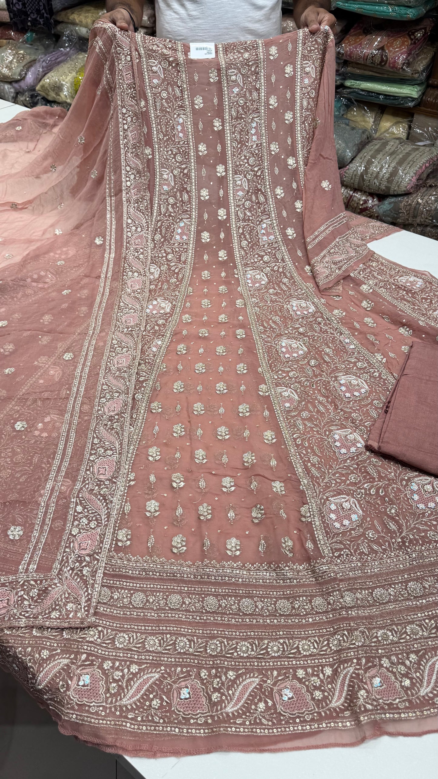 Luxury Unstitched Pure Georgette Zari Lakhnavi Anarkali Suit with Resham, Sequin & Pearl Handwork | Designer Wedding & Party Wear Suit