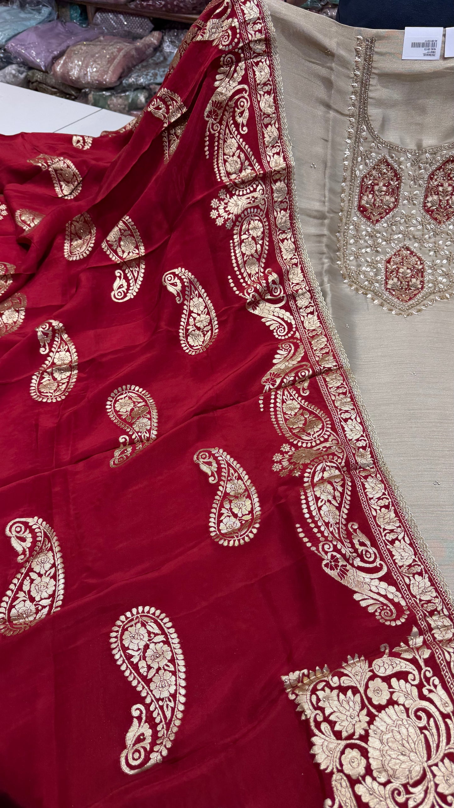 Premium Unstitched Pure Shimmer Tissue Embroidered Suit with Designer Banarasi Dupatta | Nakshi & Zardozi Handwork | Luxury Wedding Wear