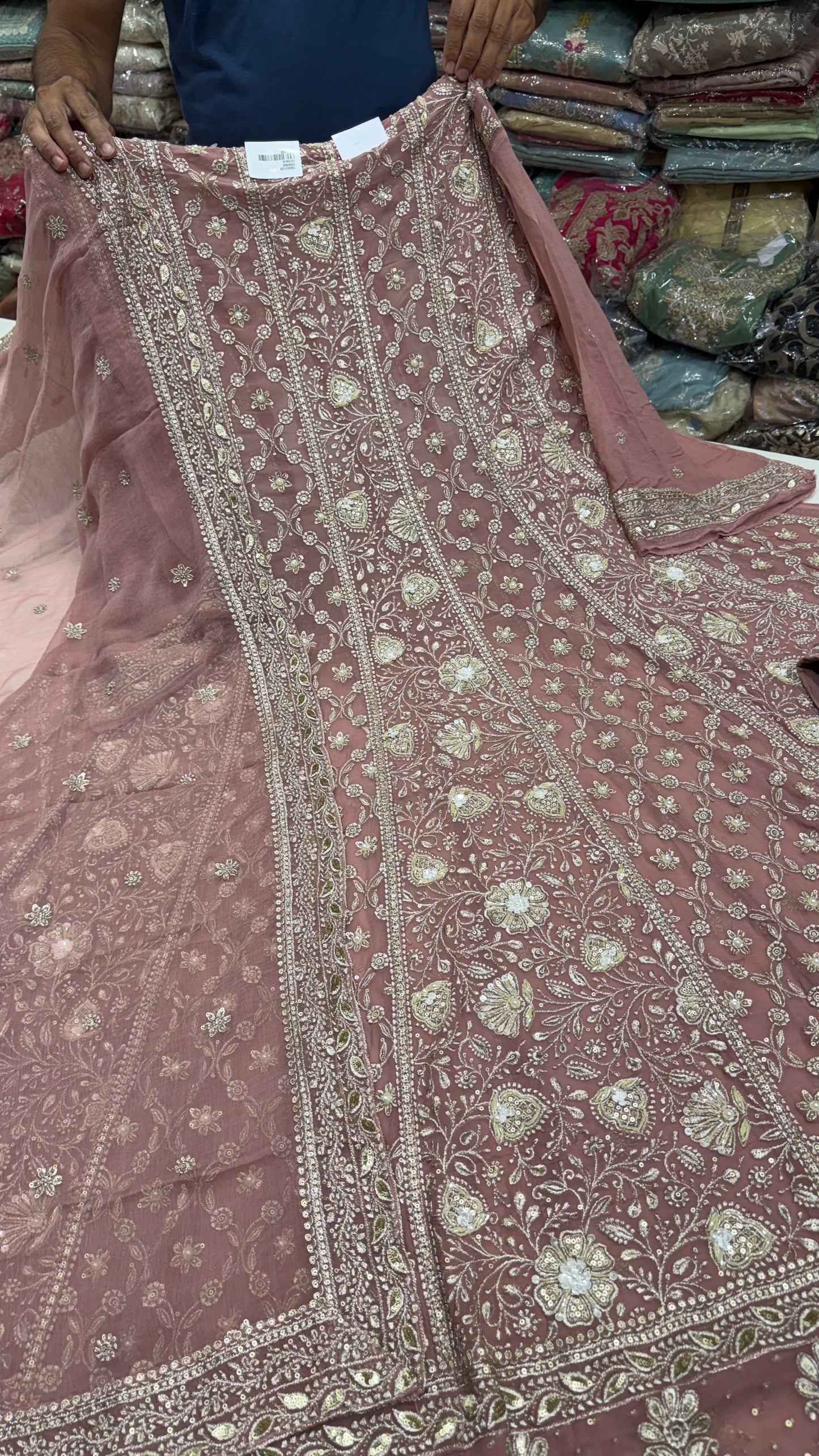 Luxury Unstitched Pure Georgette Zari Lakhnavi Anarkali Suit with Resham, Sequin & Pearl Handwork | Designer Wedding & Party Wear Suit